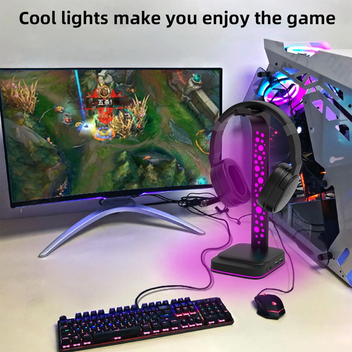 Kichvoe Soporte para Auriculares RGB Luz LED y Doble USB, Diseño en Abs Negro para Escritorio y PC Gaming, Accesorio Práctico para Gamers