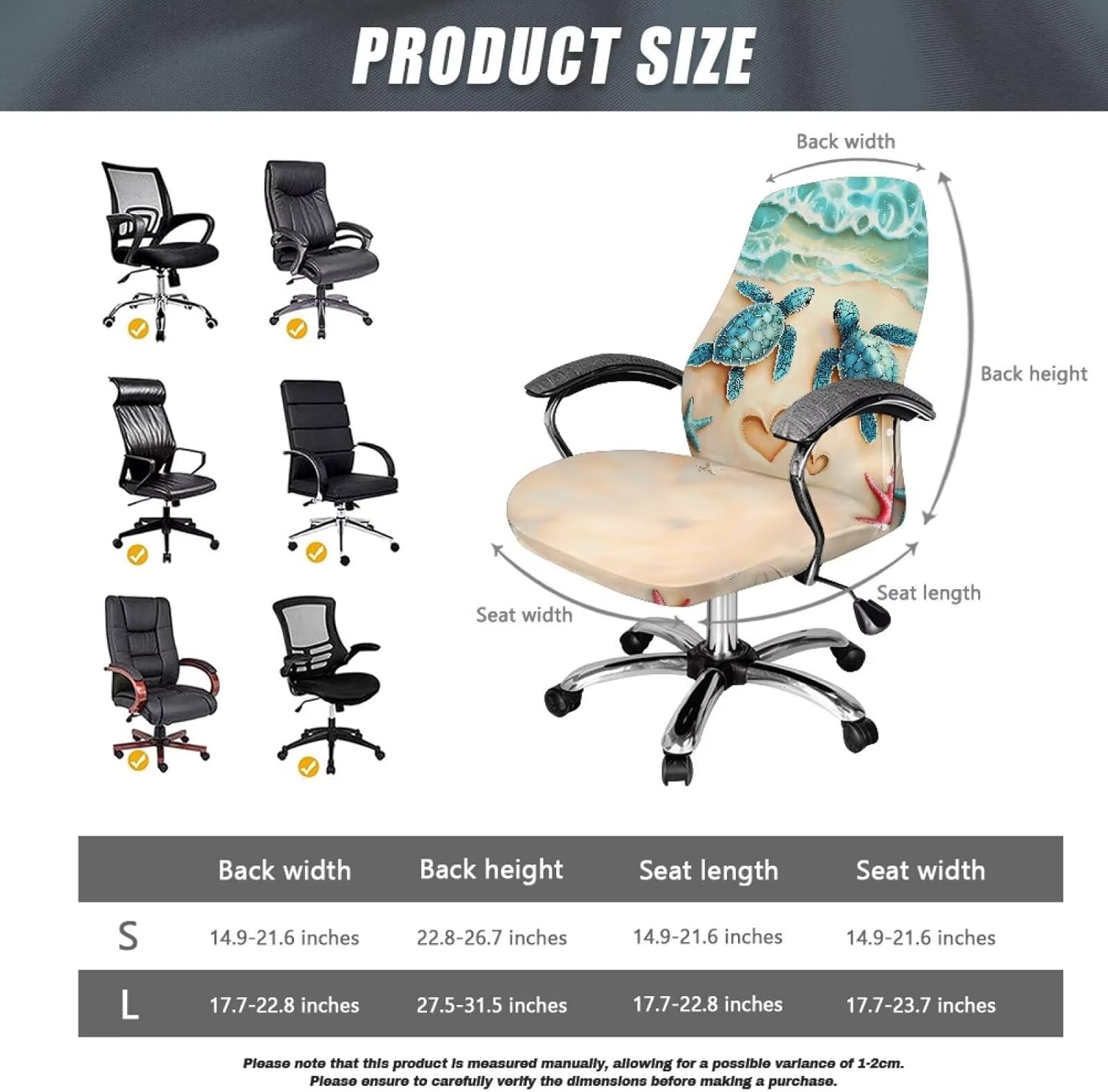 Talayituse Beach Turtle Starfish Heart Print Office Chair Cover Stretchable Desk Chair Covers Thick Checked Jacquard High Back Office Seat Cover Universal Rotating Chair Covers, Large
