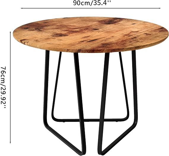 Round Dining Table 90cm, Small Kitchen Table Wooden Industrial Style Circle Table with Black Metal Legs, Rustic Brown