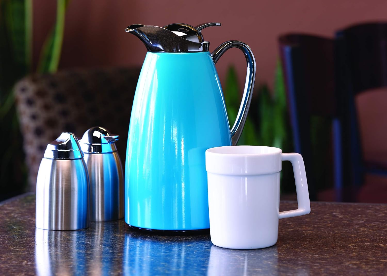 Service Ideas CJZ1BLU Classy Carafe, Glass Vacuum Insulated, Stainless Steel Exterior, 1 Liter (33.8 Ounce), Blue