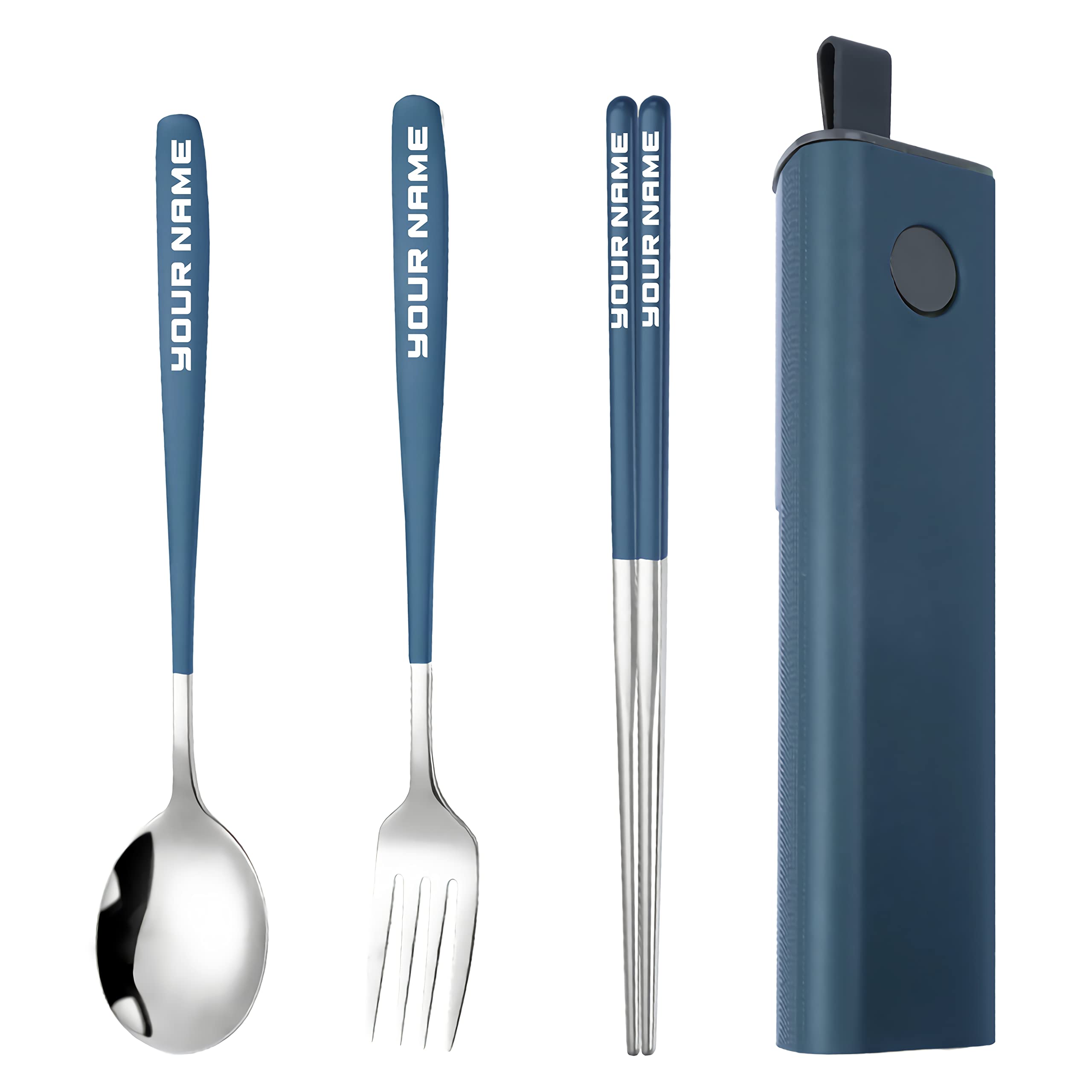 Muka Personalized Portable Flatware Set of 3 Fork Sproon Chopsticks Utensils Stainless Steel Custom Logo Name w/Cellphone Holder-Blue