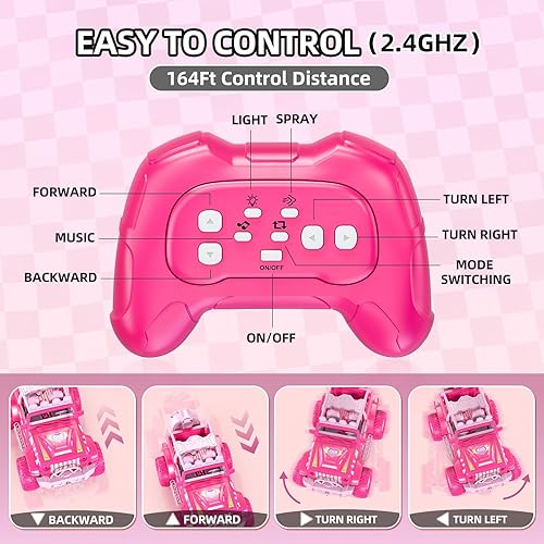 Miniatura 4 de Auto de control remoto rosa para niñas 4-7, 2.4GHz Off-Road RC Jeep con aerosol, juguete de escalada para niñas de 3-4, 5-6, 7-8, 9-10, vehículo de