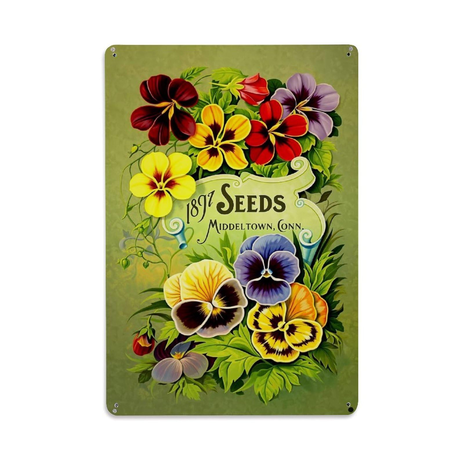 Floral Pattern With Pansies And Leaves Retro Metal Tin Sign, Vintage Decor Art Poster for Bar, Home, Man Cave, Kitchen, Laundry Room Gift 8x12Inch