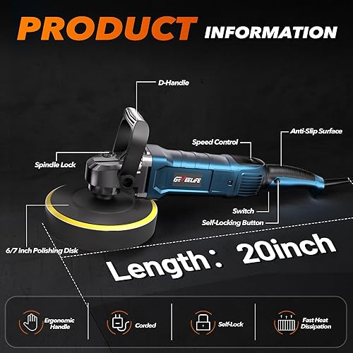 Miniatura 4 de Pulidora de búfer, 6 pulgadas7 pulgadas, 1600 W, pulidora rotativa para automóvil, 7 velocidades variables, 1000-3500 RPM, mango desmontable para