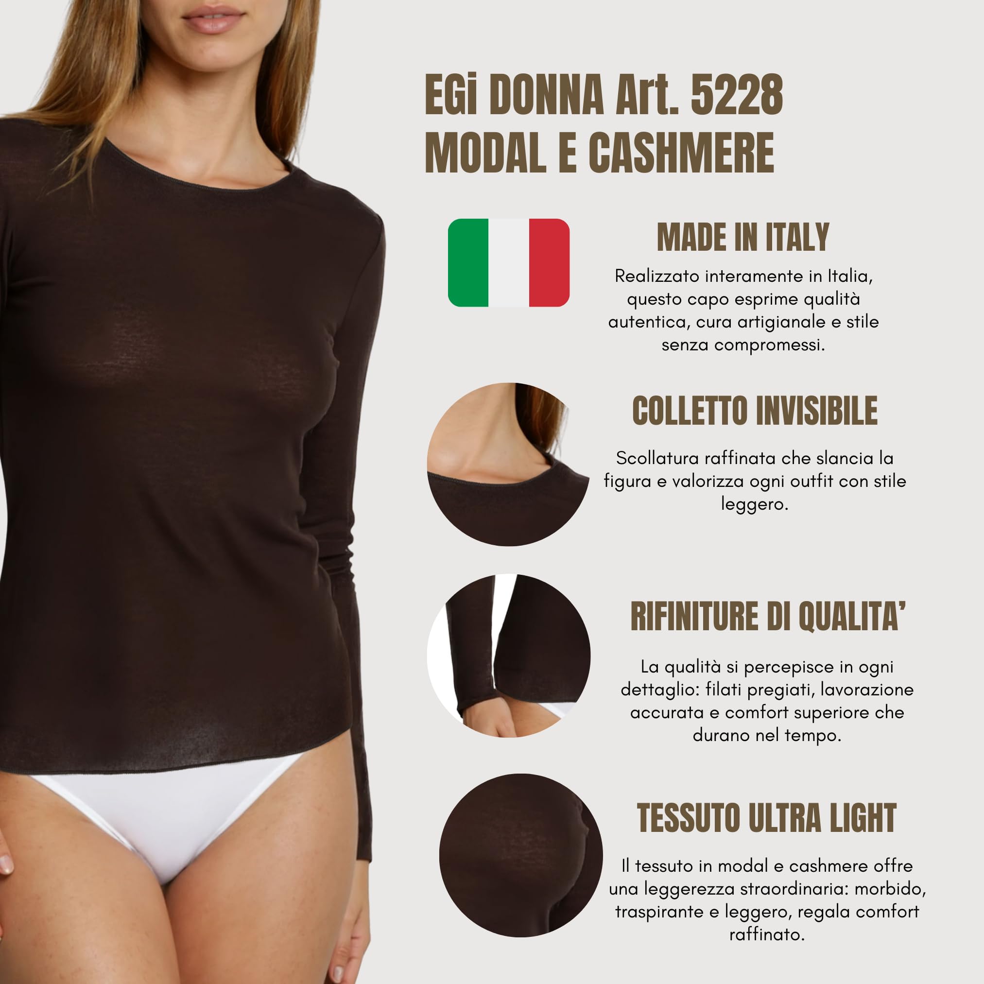 EGI Maglia Donna Cashmere Ultralight Sottogiacca Elegante Leggera Termica Invernale Morbida Traspirante Calda Intimo Donna Made in Italy, Art. 5228