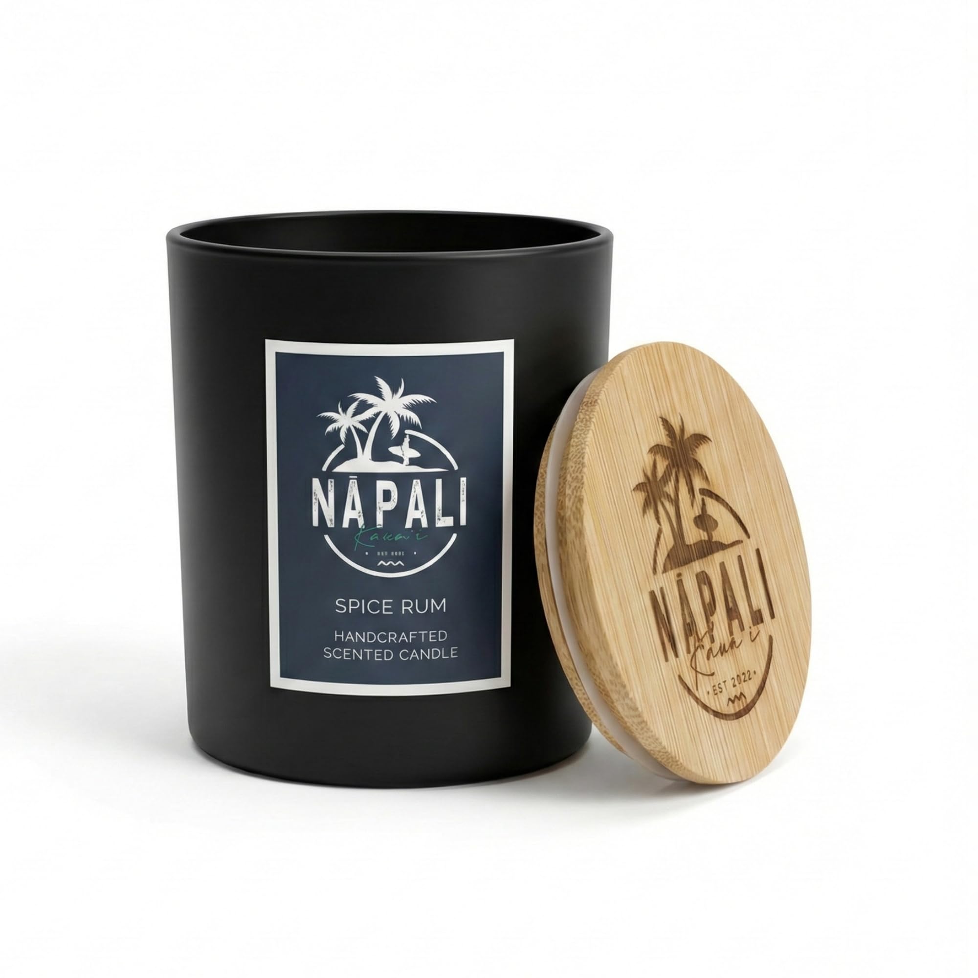 Na Pali White Wax | Black Jar Hawaiian Candle | Spice Rum | Handmade Natural Soy Wax Candle With Wooden Crackling Wick - Sweet Caramel & Fruity Rum Scent - Eco-Friendly & Long-Lasting - Perfect For Relaxation & Home Decor