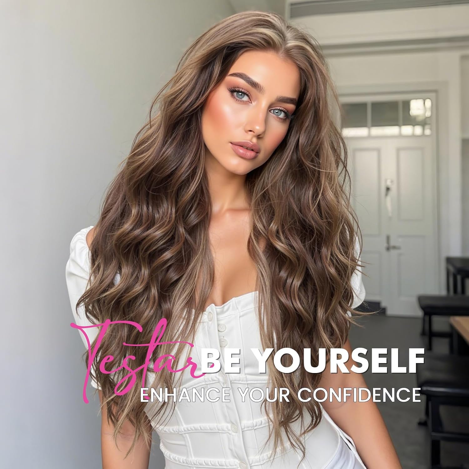 testar 13×6 Lace Front Wig Long Brown Wavy Wigs for White Women Middle Part Brown Mixed Blonde Water Wave Synthetic Heat Resistant Fibre Wig for Daily Use 26 IN