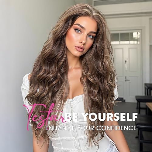 Miniatura 9 de testar Pelucas onduladas largas de color marrón con reflejos rubios para mujeres negras, peluca rizada natural sin pegamento, encaje en parte