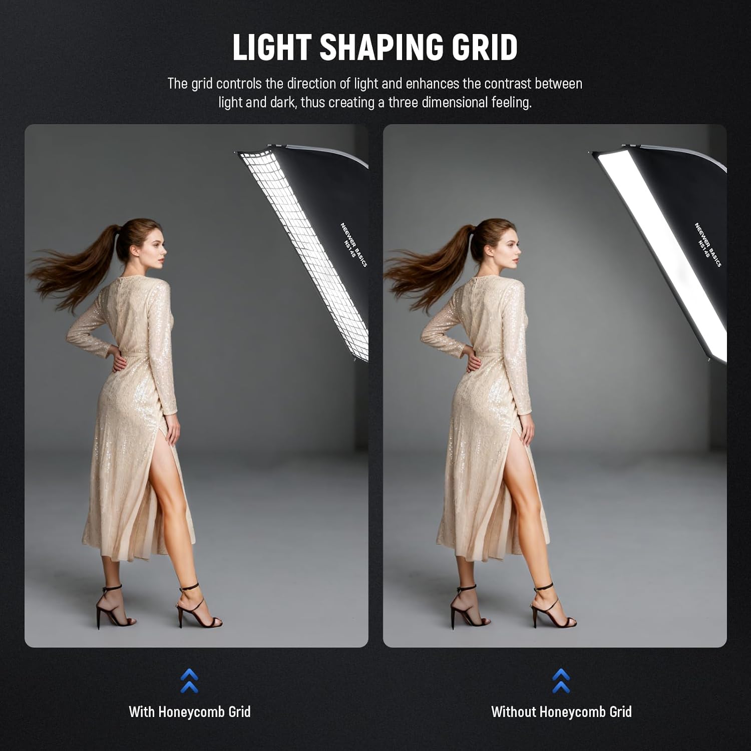 Comparison of lighting with and without the honeycomb grid, showing increased contrast and directionality