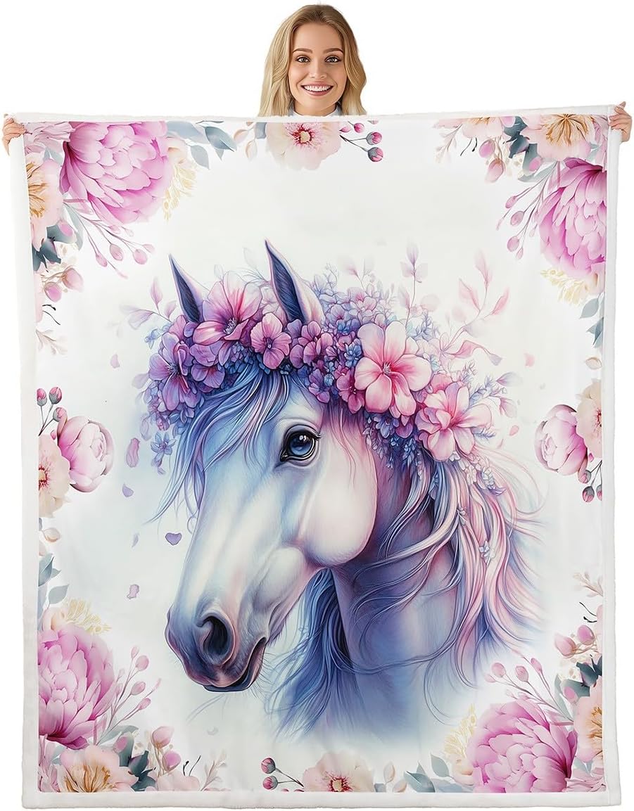Gorgeous Horse Sherpa Blanket Pastel Pink Floral Lightweight Polyester Blanket Girly Horse Animal Fleece Blanket Southwest Country Bed Blanket Queen for Home Bedroom Sofa Bed