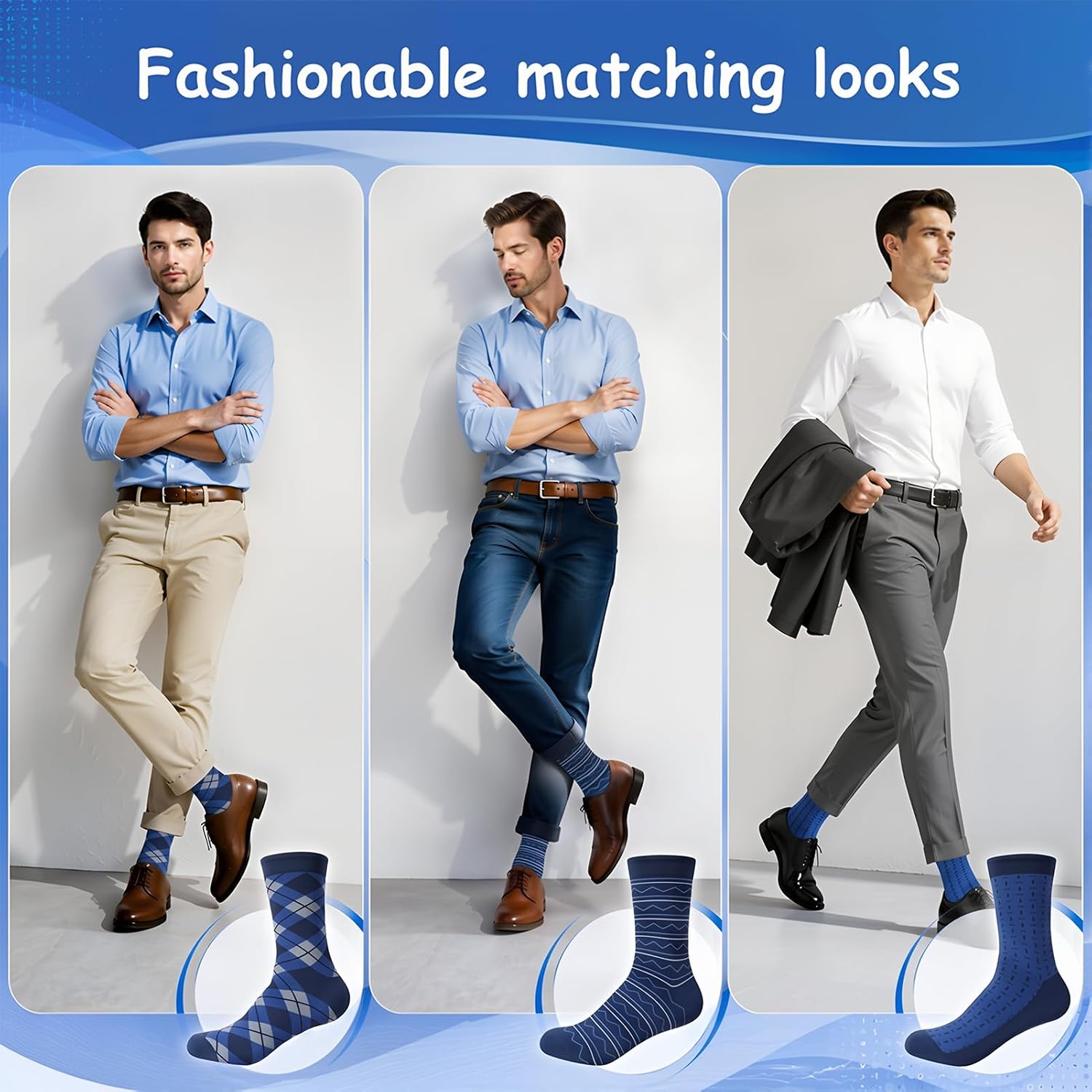 6 Pairs Mens Dress Socks, Men Business Cotton Crew Socks