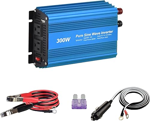 Inversor de corriente de onda sinusoidal pura de 12 V a CA 120 V de CC de 300 W con salida de enchufes dobles y salida USB de 5 V de 2 amperios. Inversor de corriente de onda sinusoidal pura de 12 V a CA 120 V de CC de 300 W con salida de enchufes dobles y salida USB de 5 V de 2 amperios.