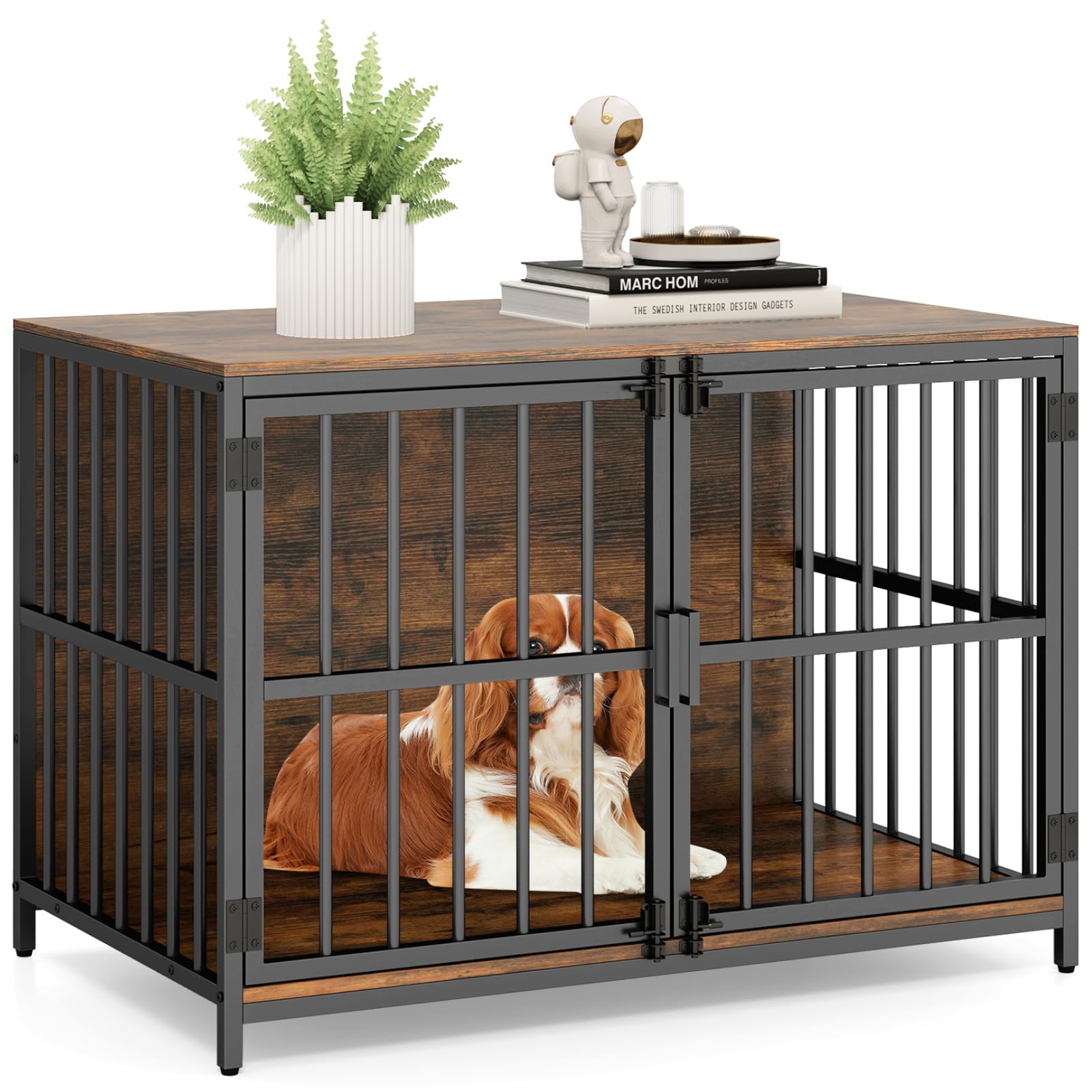 Maxmass Wooden Dog Crate, Furniture Style Puppy Cage with Adjustable Foot Pads, Indoor Dog Kennel Industrial End Table for Living Room Bedroom (2 Doors: 100 x 60 x 70cm)