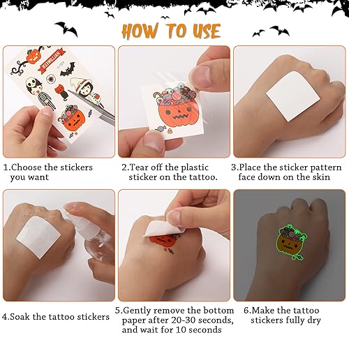 Miniatura 5 de 20 hojas de tatuajes temporales de Halloween para niños, calcomanías de tatuaje que brillan en la oscuridad, tatuajes luminosos, calcomanías de