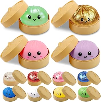 4 Pack Dumpling Squishies, Colorful Dumplings Stress Balls Fidget with Mystery Box Easter Basket Stuffers Stocking Stuffers with Food Steamer Stretchy