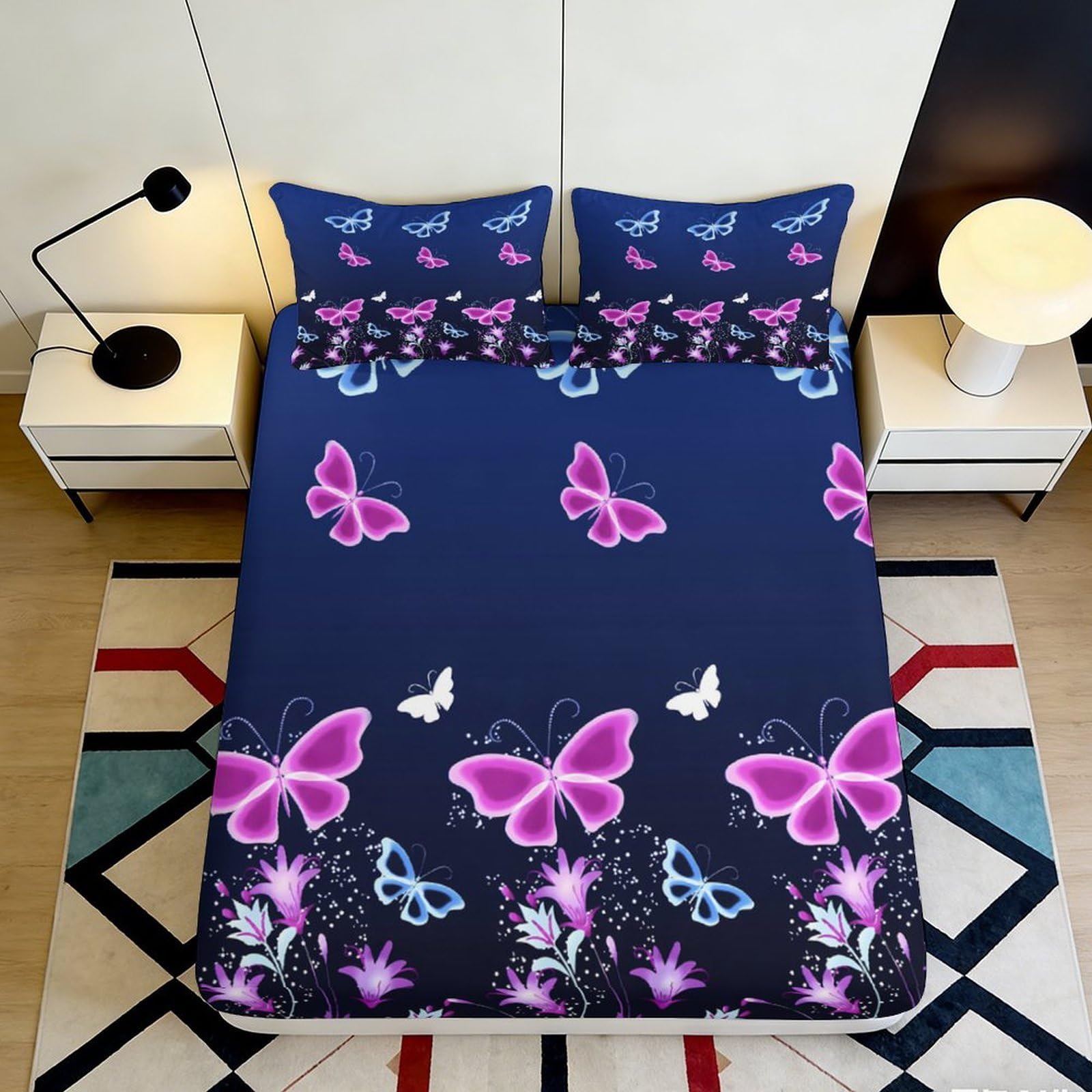 Pnayamiorkfel Style-3 3D Printed Butterfly Floral Fitted Sheet Microfiber Navy Bed Cover For Bedroom Guest Room Machine Washable Decor 90X200x25cm