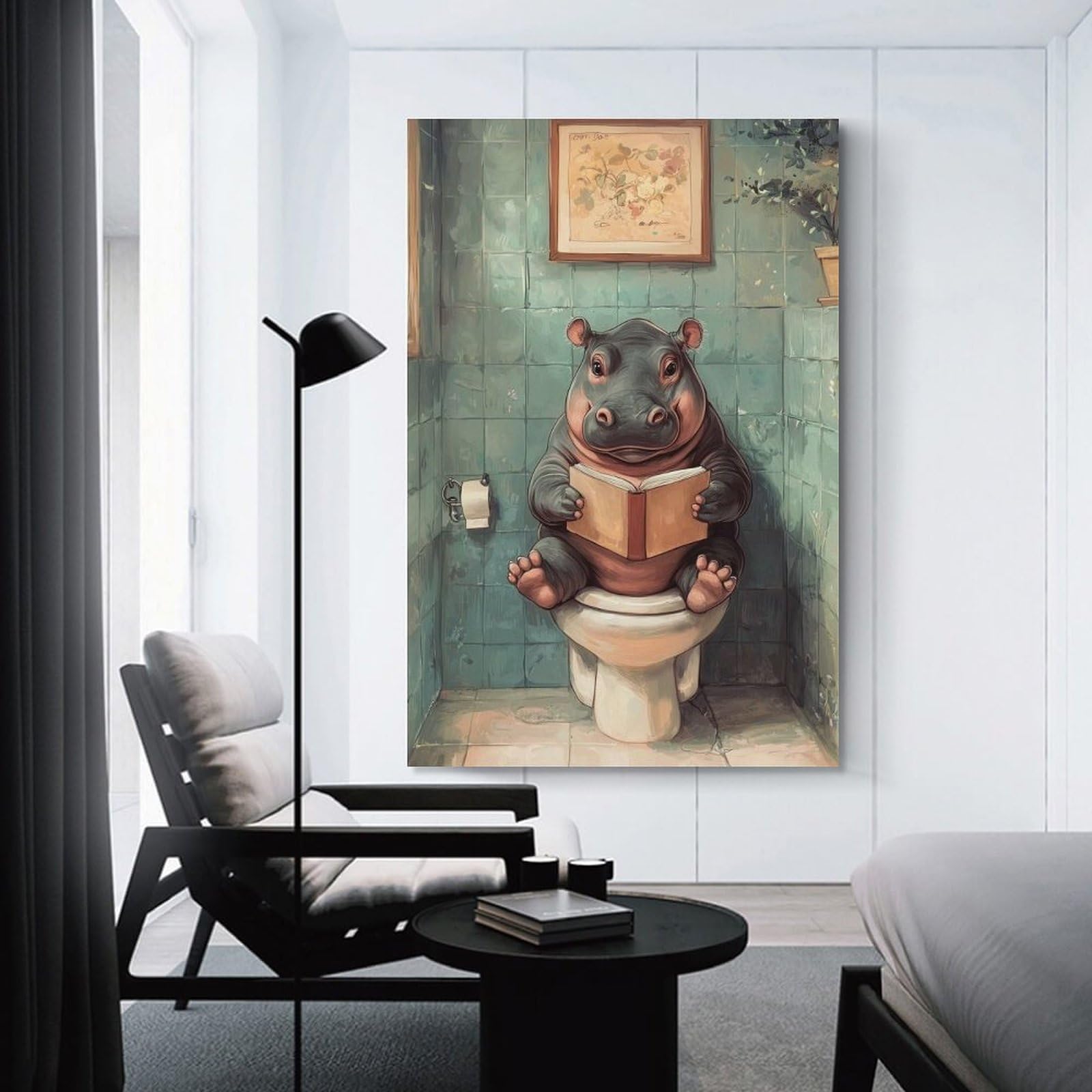 Junmoney Wall Art Print Hippopotamus Reading on Toilet, 08x12inch(20x30cm), for Bedrooms, Workspaces And Everyday Interiors, Stylish Home Artwork for Focal Walls