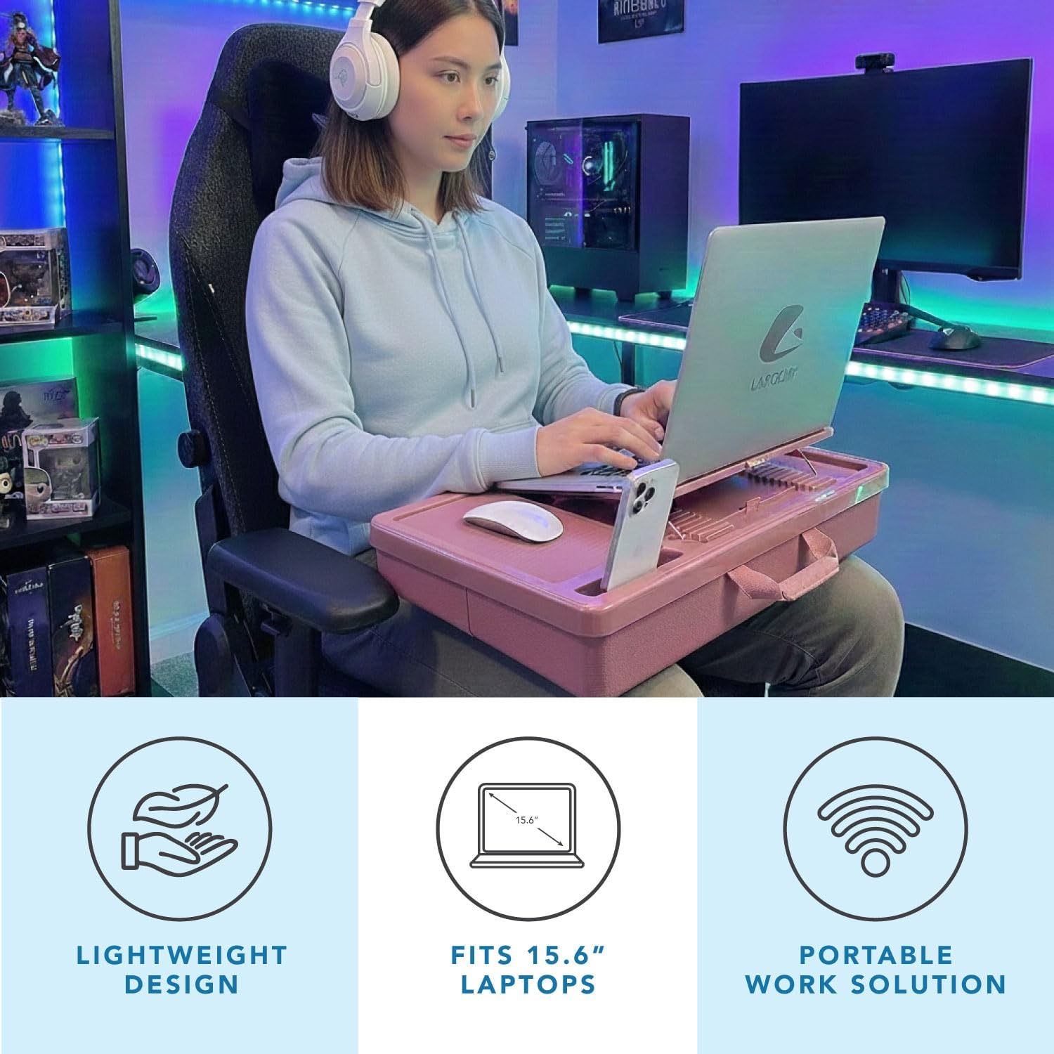LAPGEAR Ergonomic Pro 2.0 Lap Desk with 9 Adjustable Heights, Built-in Mouse Pad & Phone Slot – Full Microbead Cushion, Storage Pocket – Fits Laptops up to 15.6" – Dusty Rose – Style No. 49504