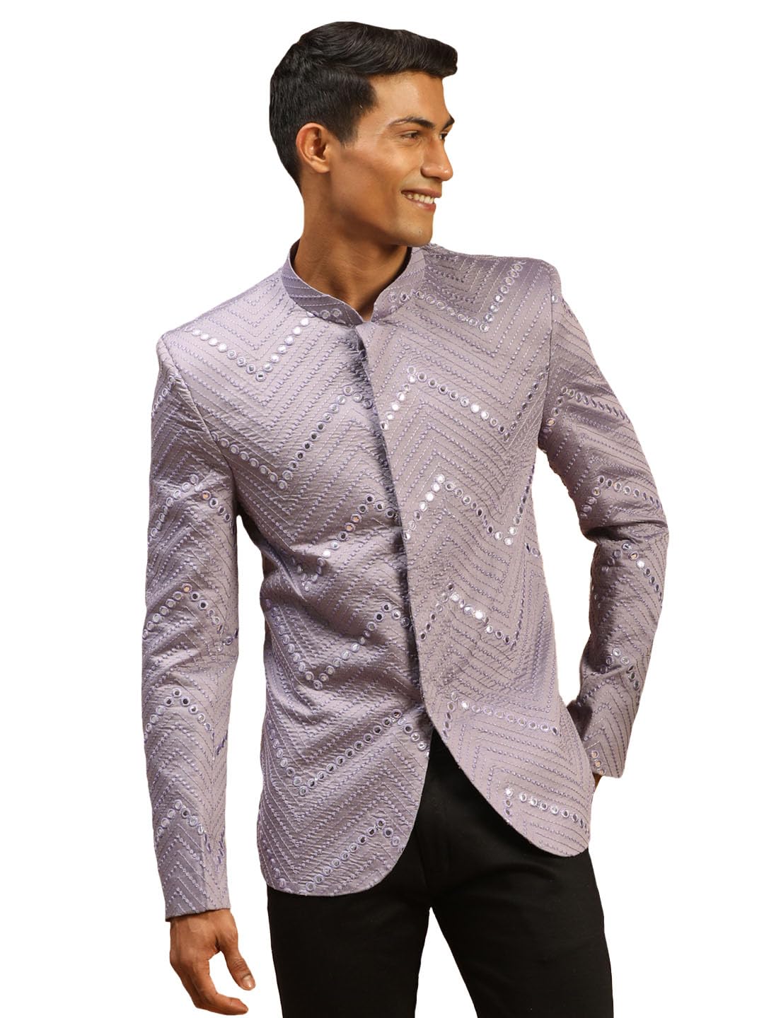 VASTRAMAY Men Mirror Work Jodhpuri Jacket | Viscose Slim Fit Ethnic Wear with Mandarin Collar | Wedding & Festive Indo Western Outfit