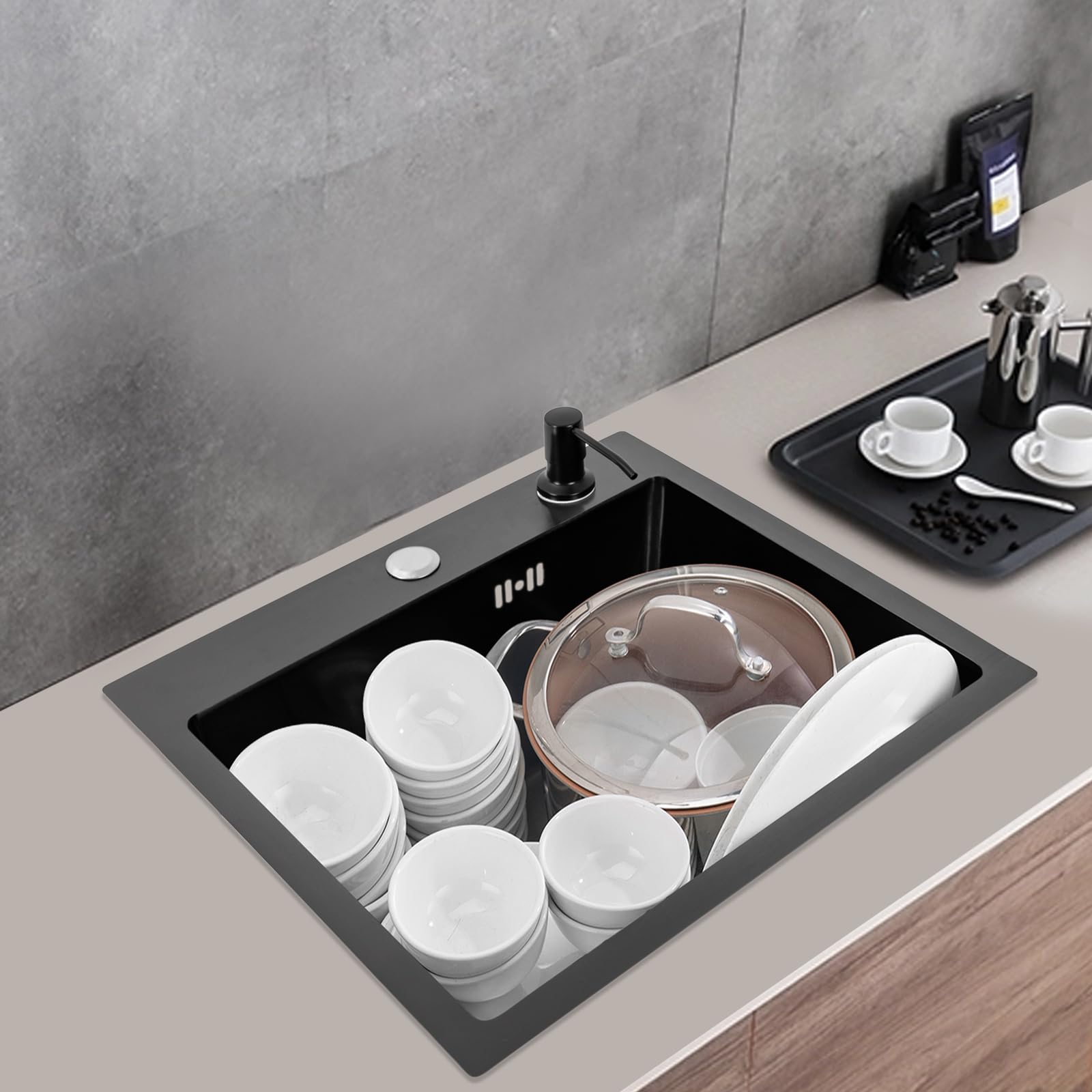 Lavello da incasso, 40 x 45 cm, in acciaio inox, rettangolare, da incasso, set completo, cucina singola, nero (lavello, dispenser di sapone e cestello di scarico)