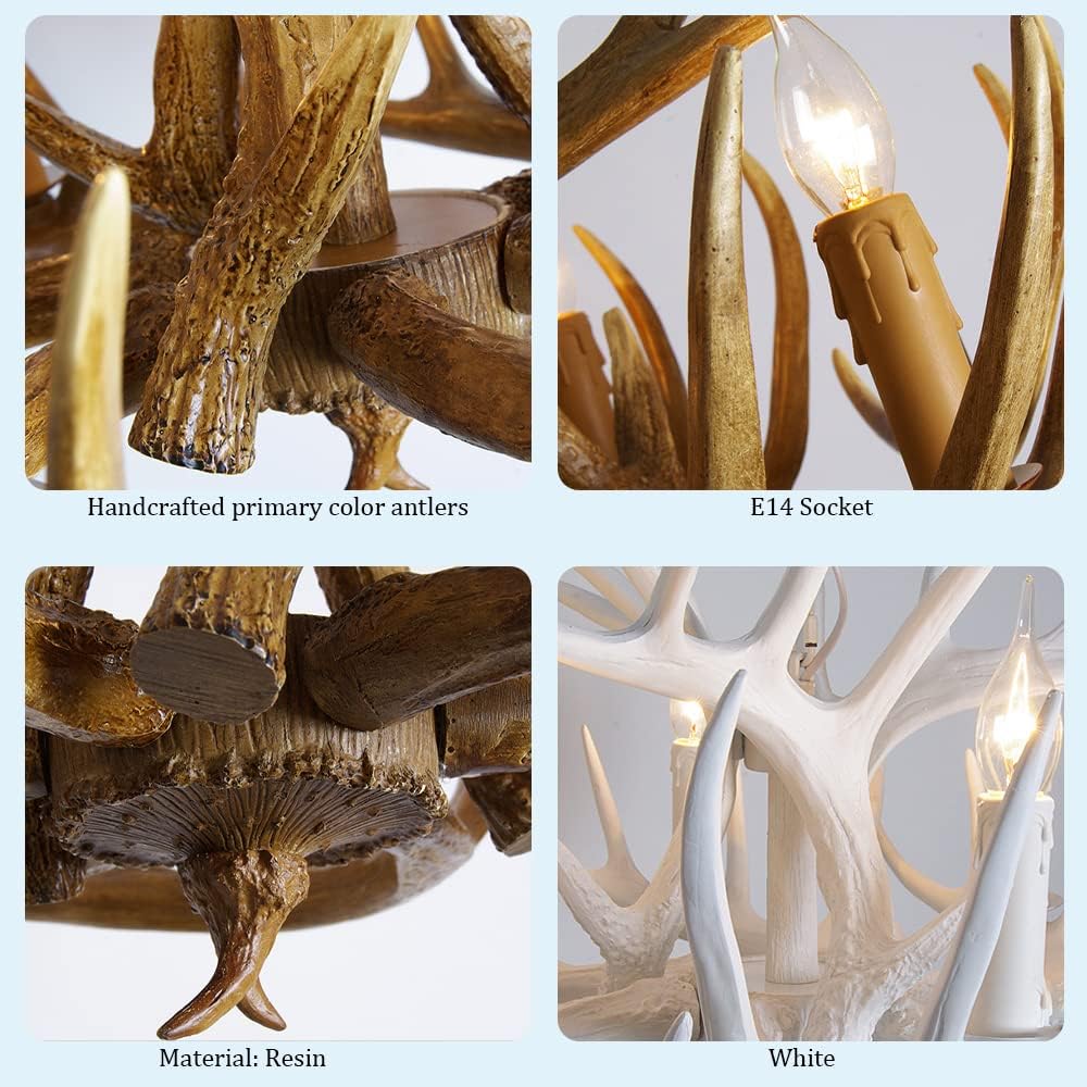 Resin Antler Chandelier Two Tier Rustic Antler Fixture, 5 Lights Farmhouse Hanging Light, 27.5" Candle Pendant Light in White