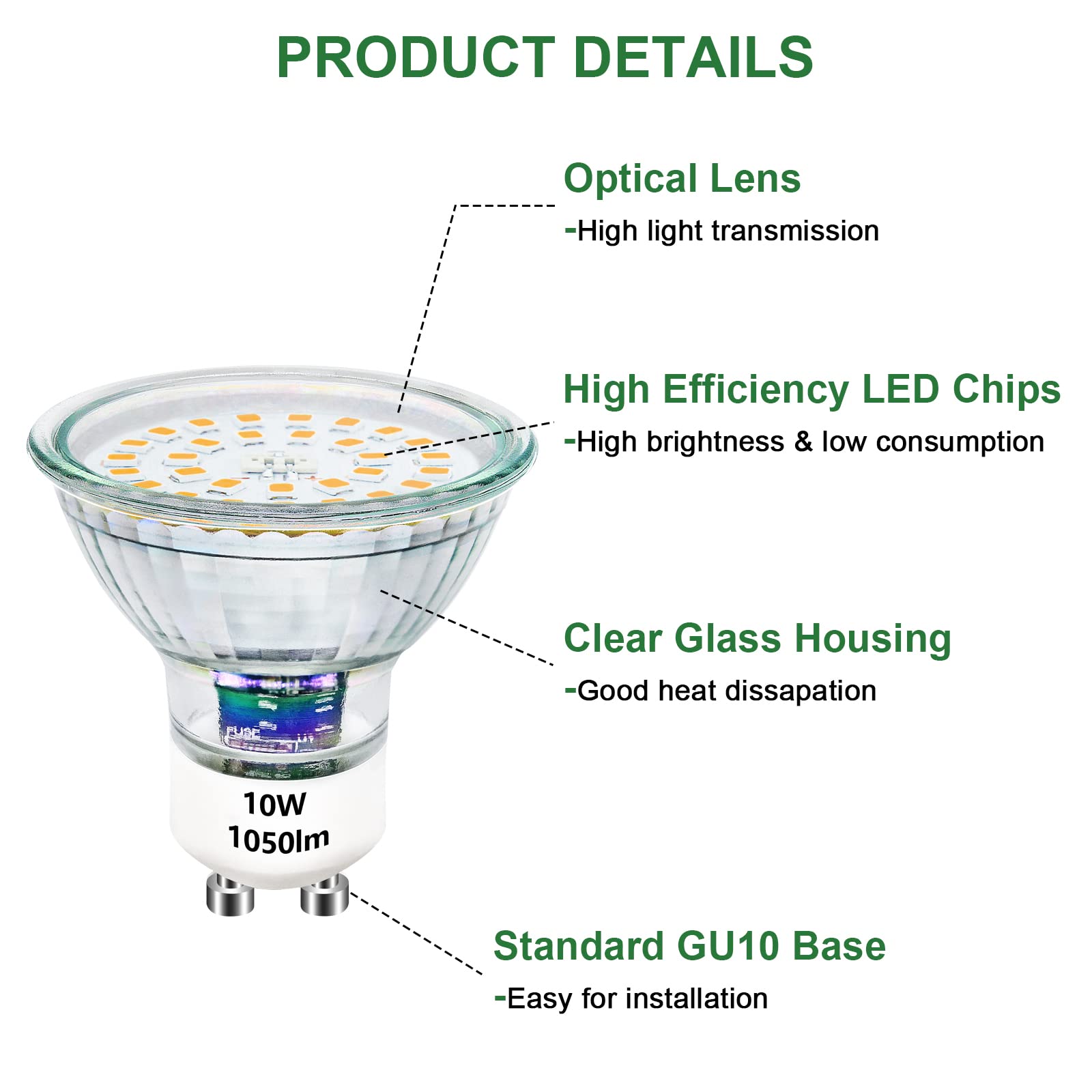 Lampadina LED GU10 Bianco Caldo 10W, GU10 LED Lampadine Equivalente alogeno 100W alogena Base 3000K Vetro 1050LM Lampada luminosa 230V Angolo astratto 120° Non dimmerabile 10 Pezzi