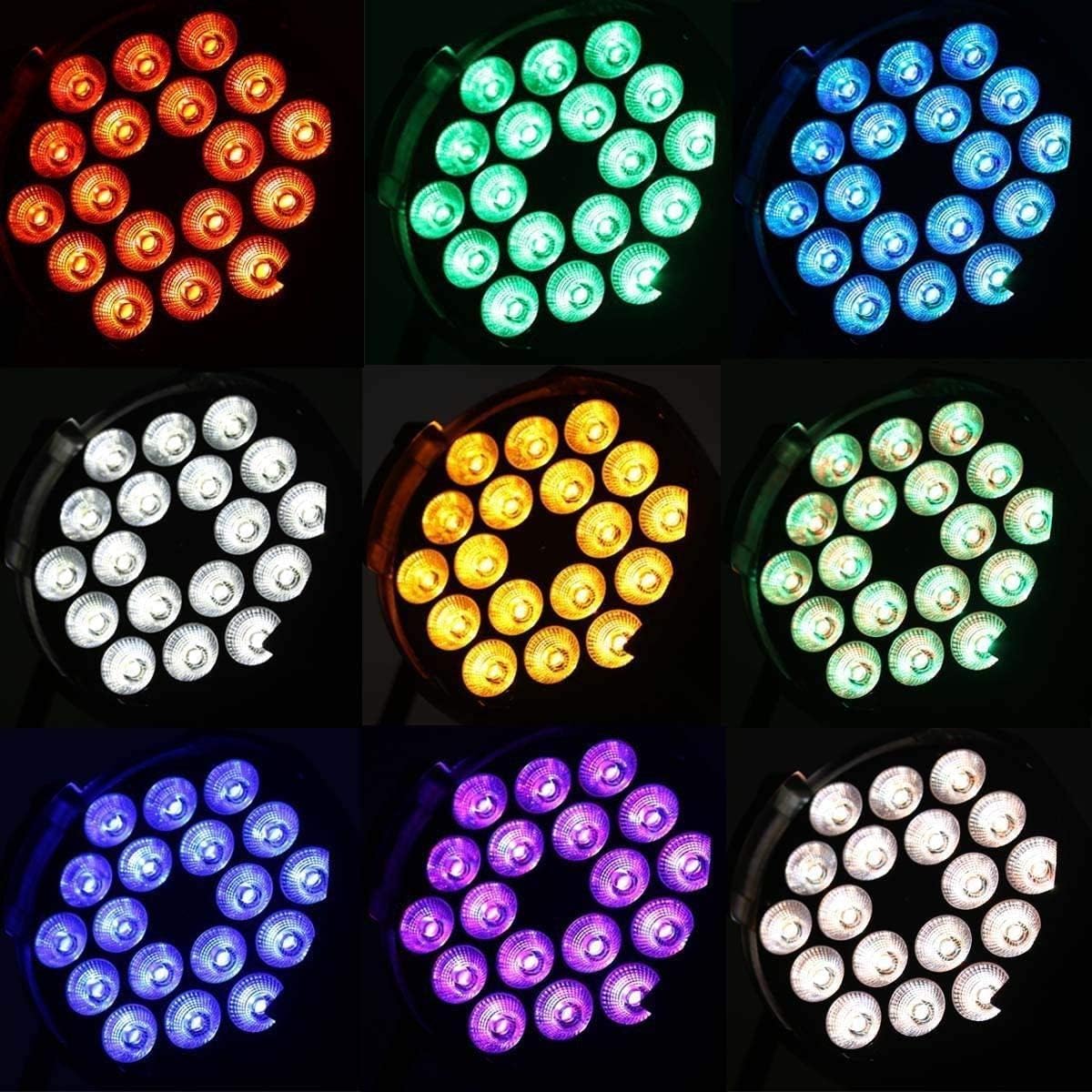 Close-up view of the HOLDLAMP 18 LED Par Light showing different color outputs from its 18 LED beads.