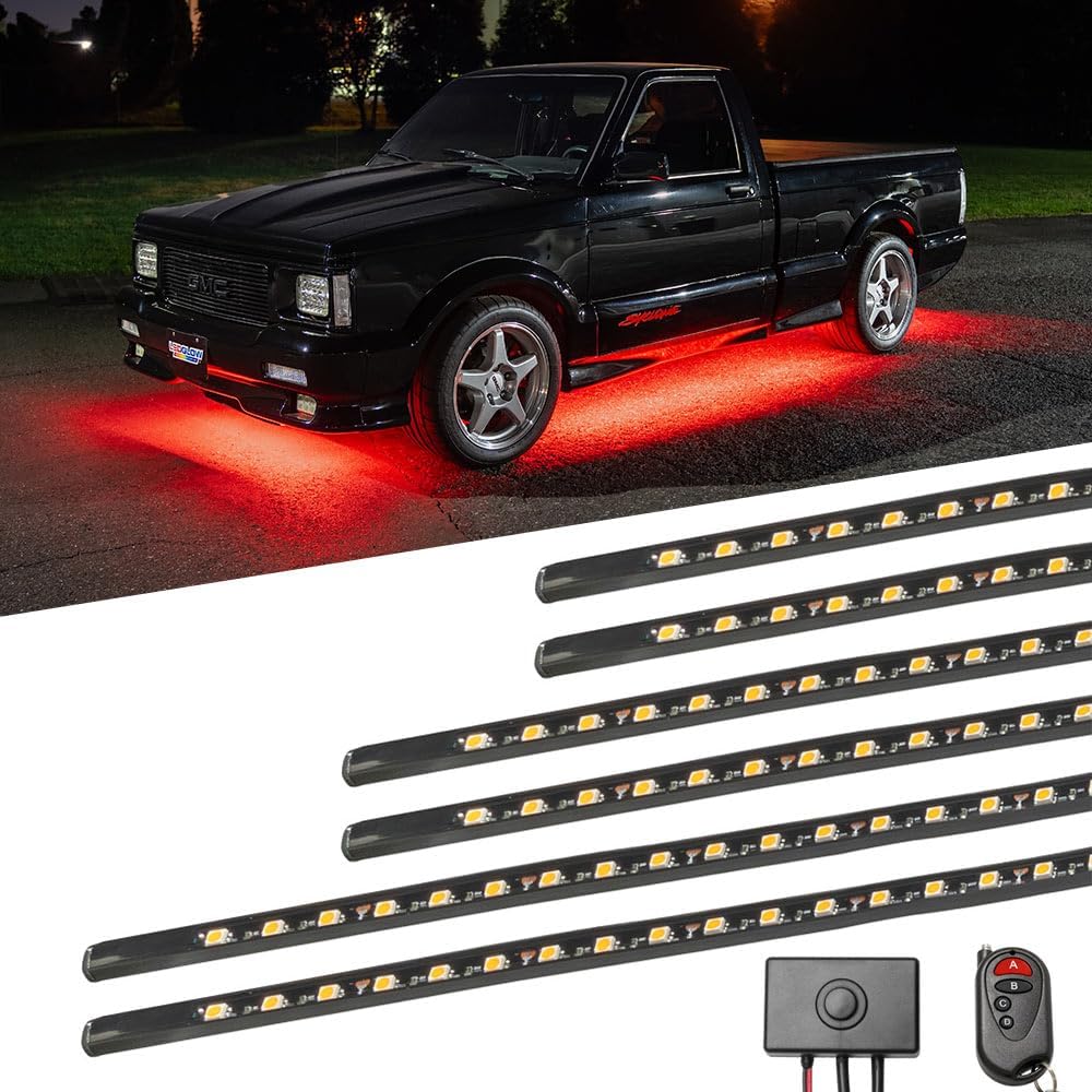 LEDGlow 6pc Red Flexible Truck Slimline LED Underbody Underglow Accent Neon Lighting Kit - 4 Unique Patterns - Water Resistant, Low Profile Tubes - Includes Control Box & Remote