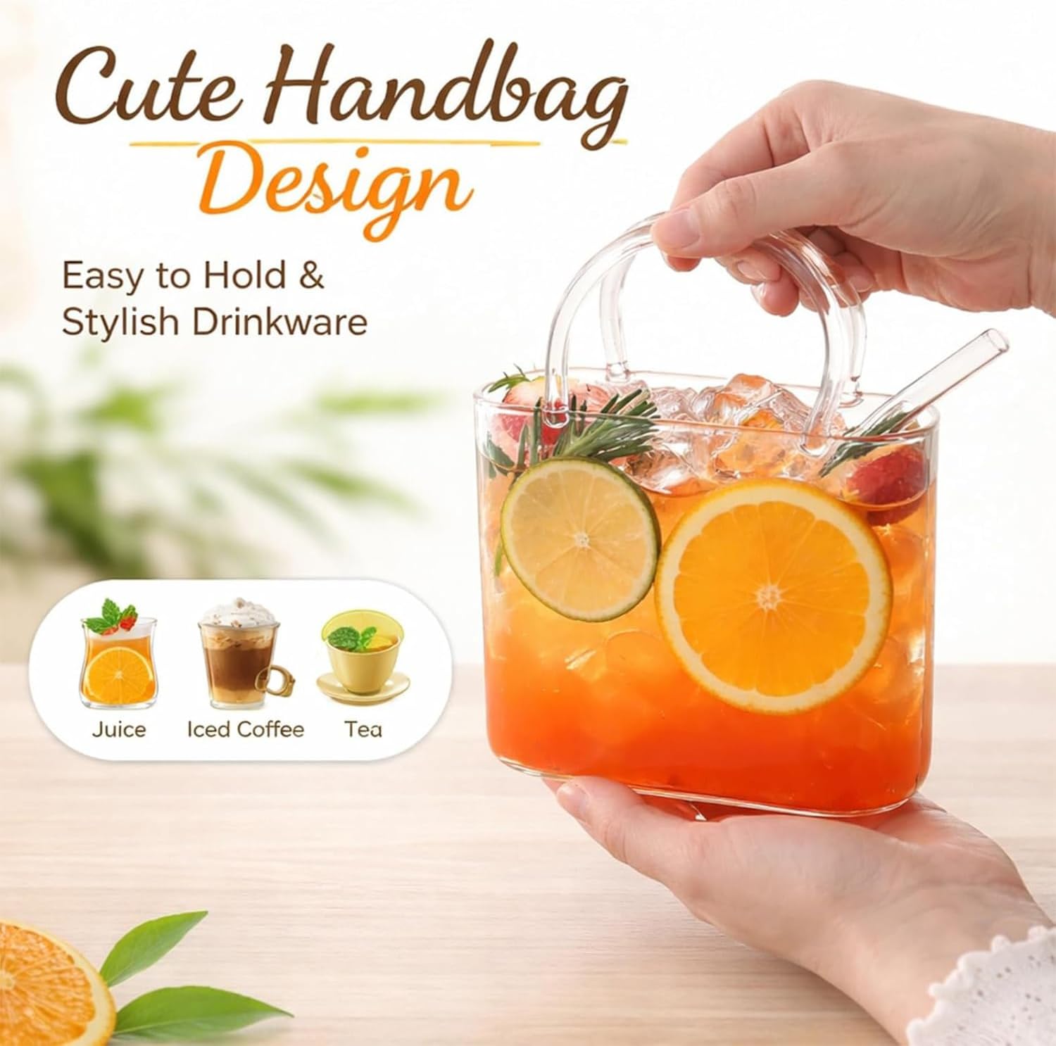 Glass Purse for Drinks with Straw, Purse Drinking Glass, Glass Purse Vase, Handbag Shaped Cup for Juice, Tea, Cocktail, Flowers & Party Decor (2)