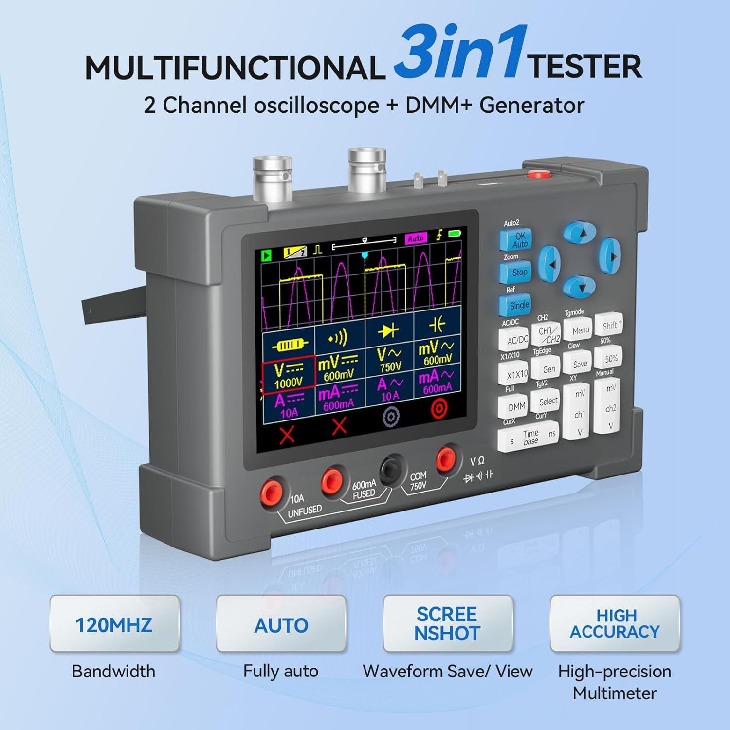 3 in 1 Digitales Oszilloskop, DSO3D12 2 Kanal Oszilloskop, Multimeter und Signalgenerator, 120-MHz-Bandbreite, 250 /s-Stichprobenrate, 3,2-Zoll-IPS-Display, Tragbares Design, Wellenformanalyse