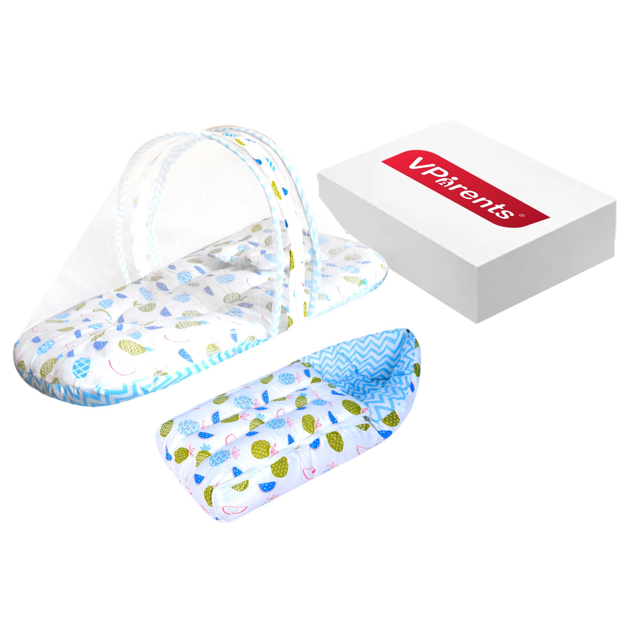 VParents Fruity Baby Bedding Set with Pillow and Sleeping Bag Combo, 0-6 Months, Cotton, Packof 2, (Blue)