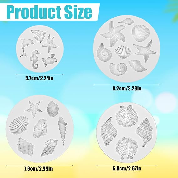 Marine Theme Silicone Mold,4 PCS Fondant Silicone Mold Under The Sea Silicones Moulds 3D Starfish Shell Conch for DIY Cake Decorations Chocolate Making Beach Theme and Fondant Crafting