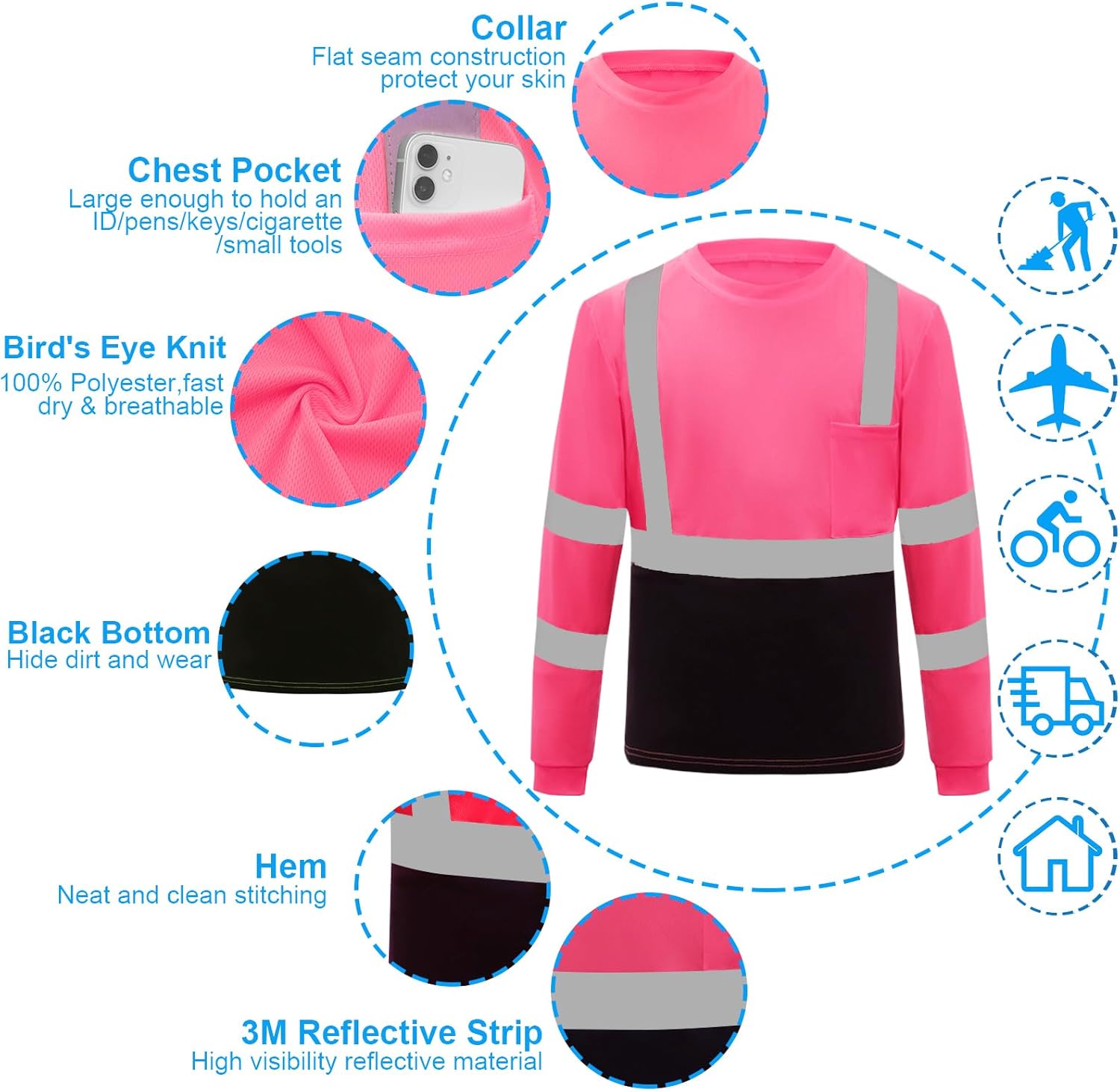 Hi Vis Safety T Shirt Class 3 Reflective Black Bottom Long Sleeve High Visibility Shirts 3pcs