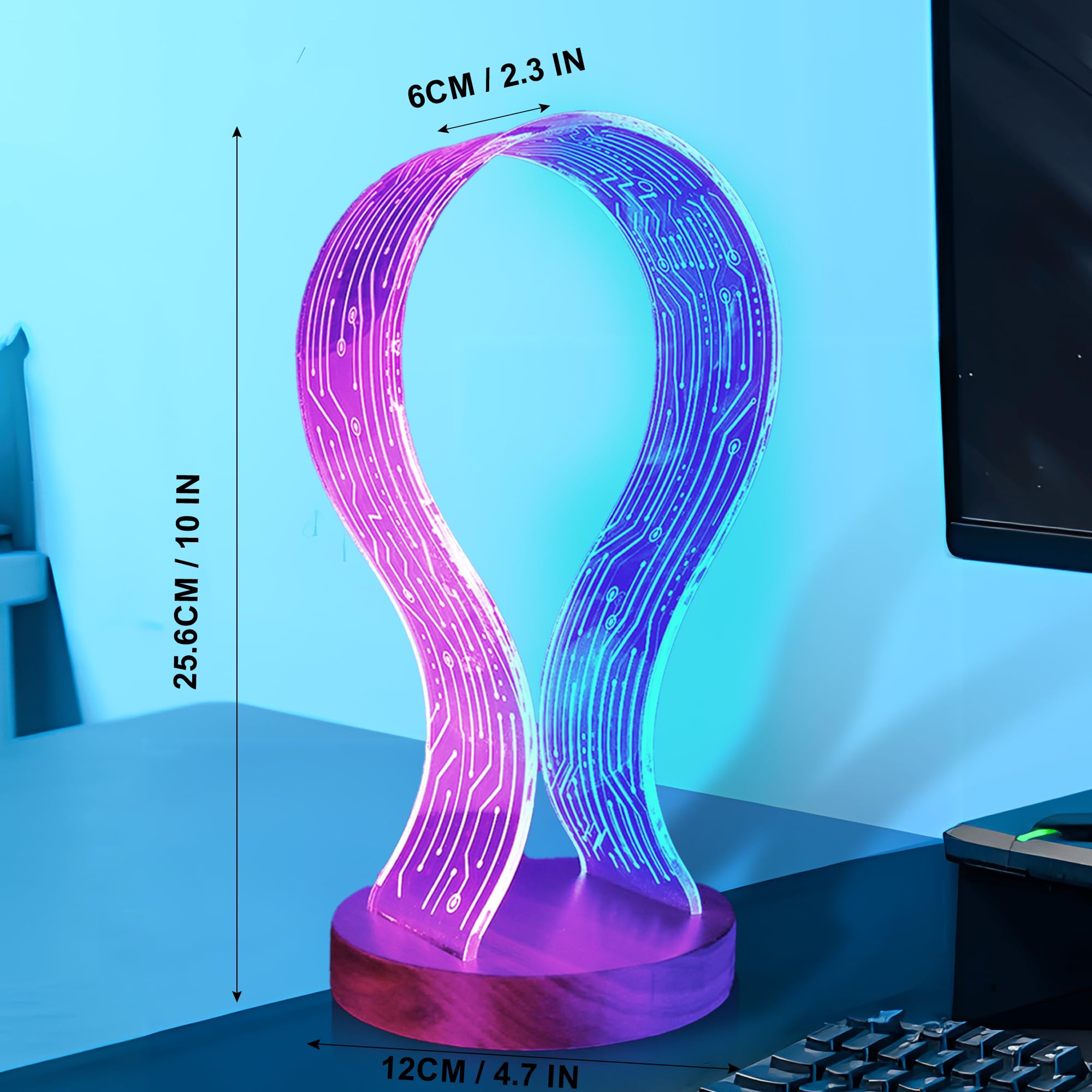 CoolGift Mart Regali per giocatori e amanti della musica, supporto per cuffie luminoso, supporto per cuffie in legno di noce con luce notturna a LED blu e rosa, accessorio da scrivania ideale