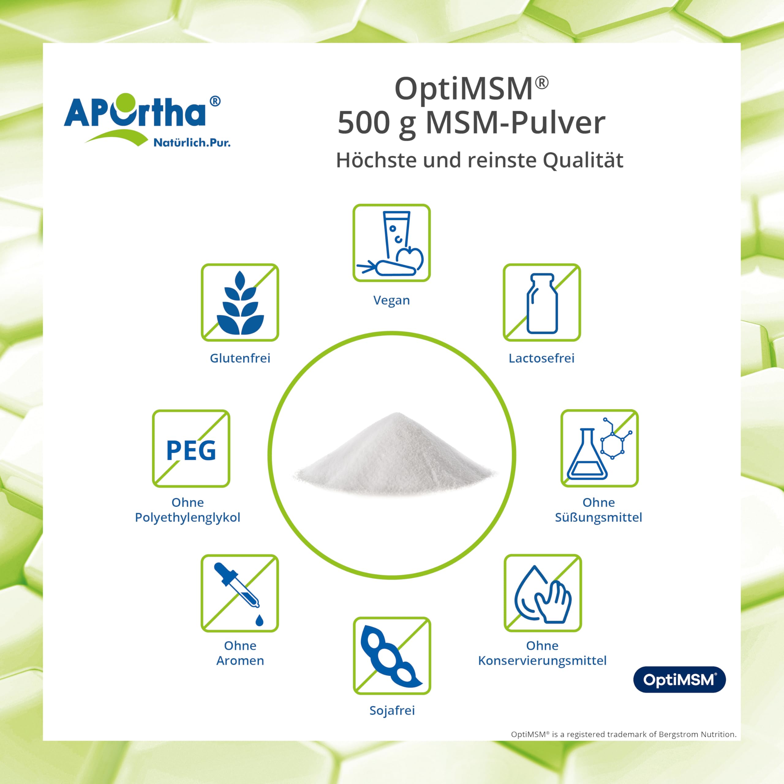 APOrtha® OptiMSM® MSM Pulver, 500g veganes Pulver, 99,9% reines Methylsulfonylmethan ohne jegliche Zusätze, 1.000 mg OptiMSM® MSM pro Portion, vegan, glutenfrei, lactosefrei, allergenfrei