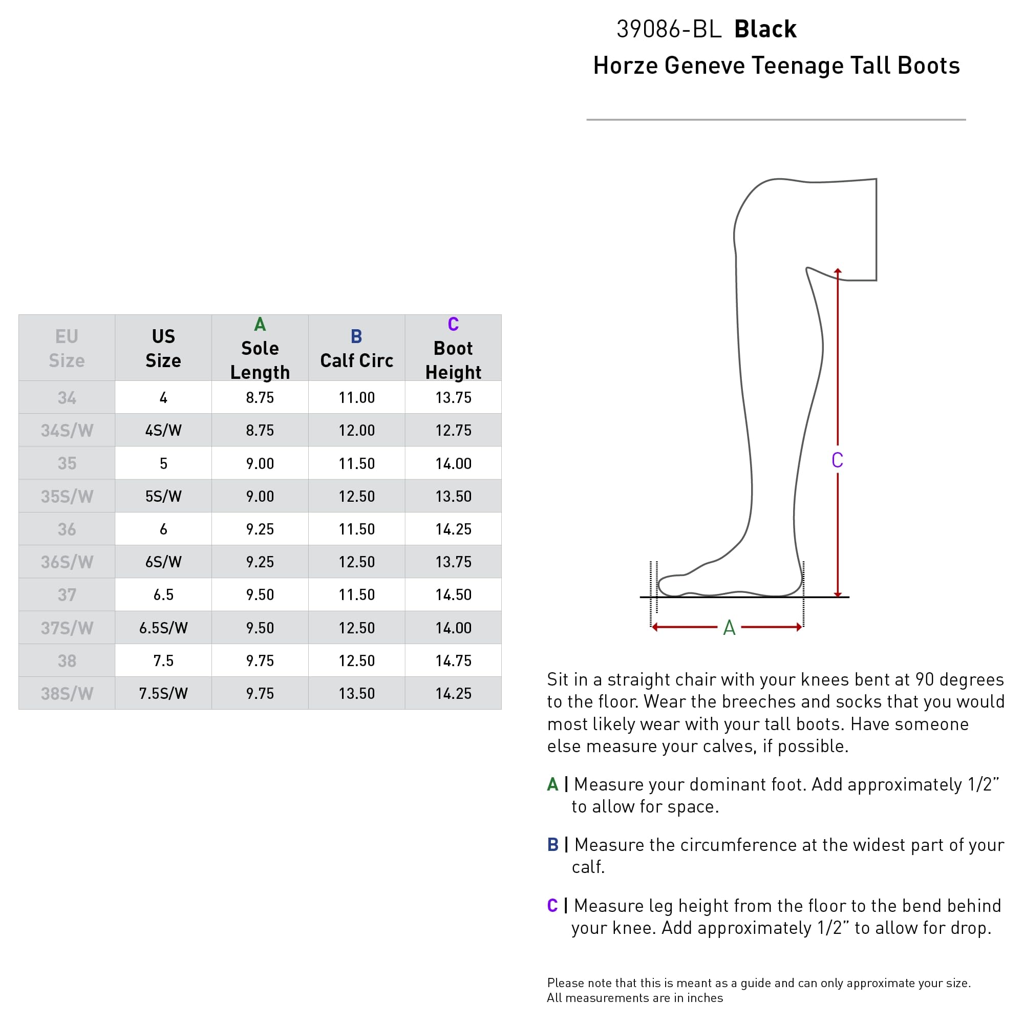 HORZE Geneve Young Rider Tall Boots - Black - 5S/XW