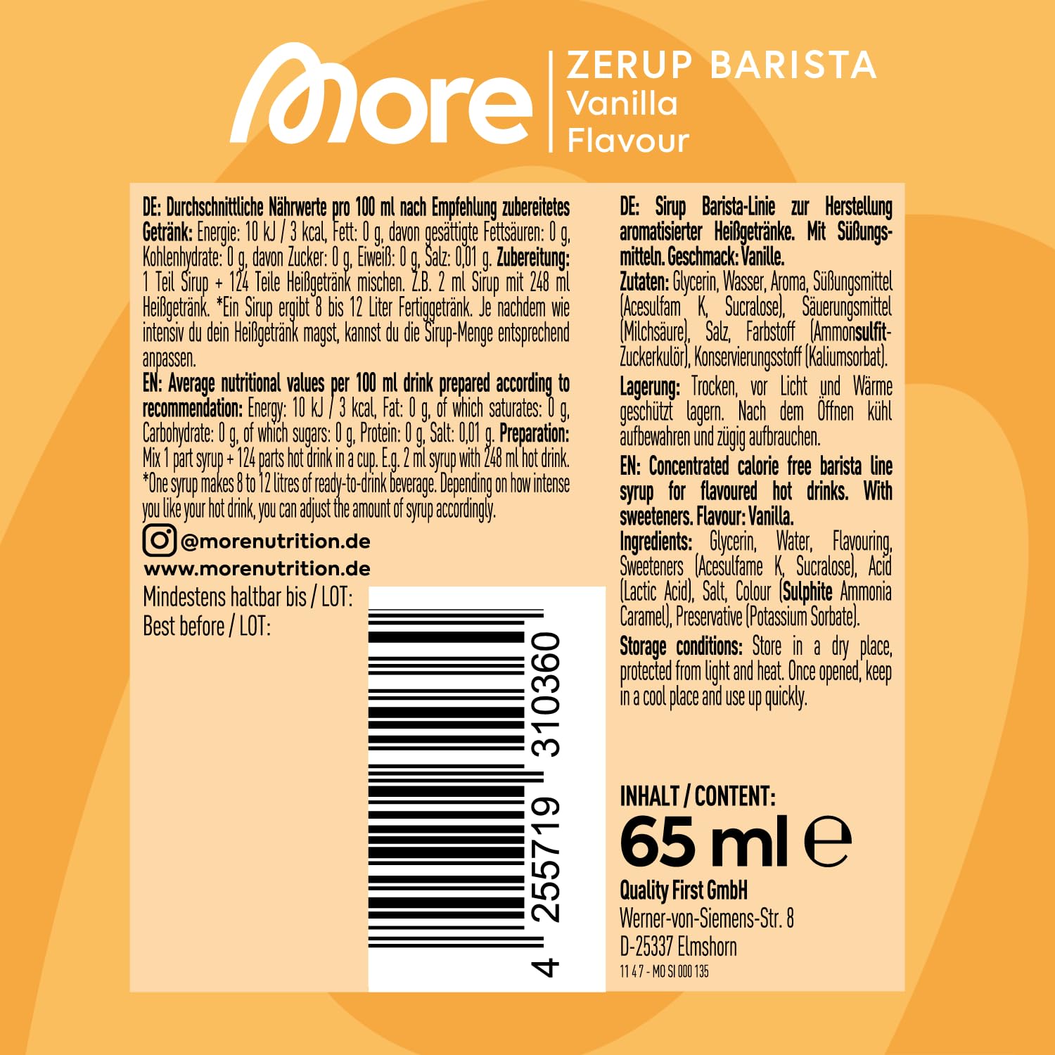 MORE Barista Zerup, Vanilla, 4 x 65 ml | für Kaffee, Tee und Heißgetränke, vegan, zero Kalorien, made in Germany