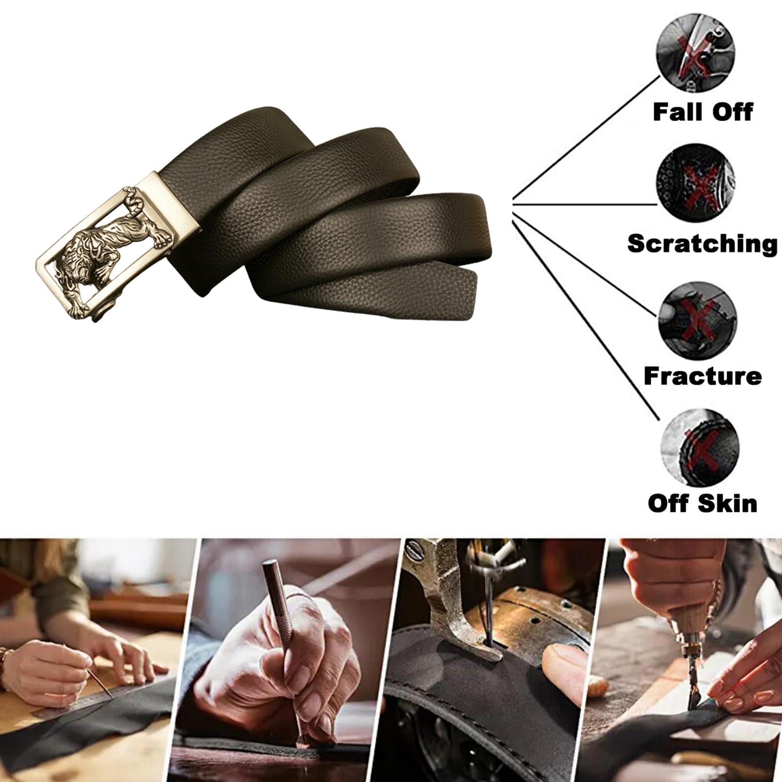 Cinturón De Cuero Con Trinquete Automático Grabado Tigre, Hebilla Deslizante Ajustable, Cinturón Negocios For Ocio, Cintura 130cm/45, Marrón