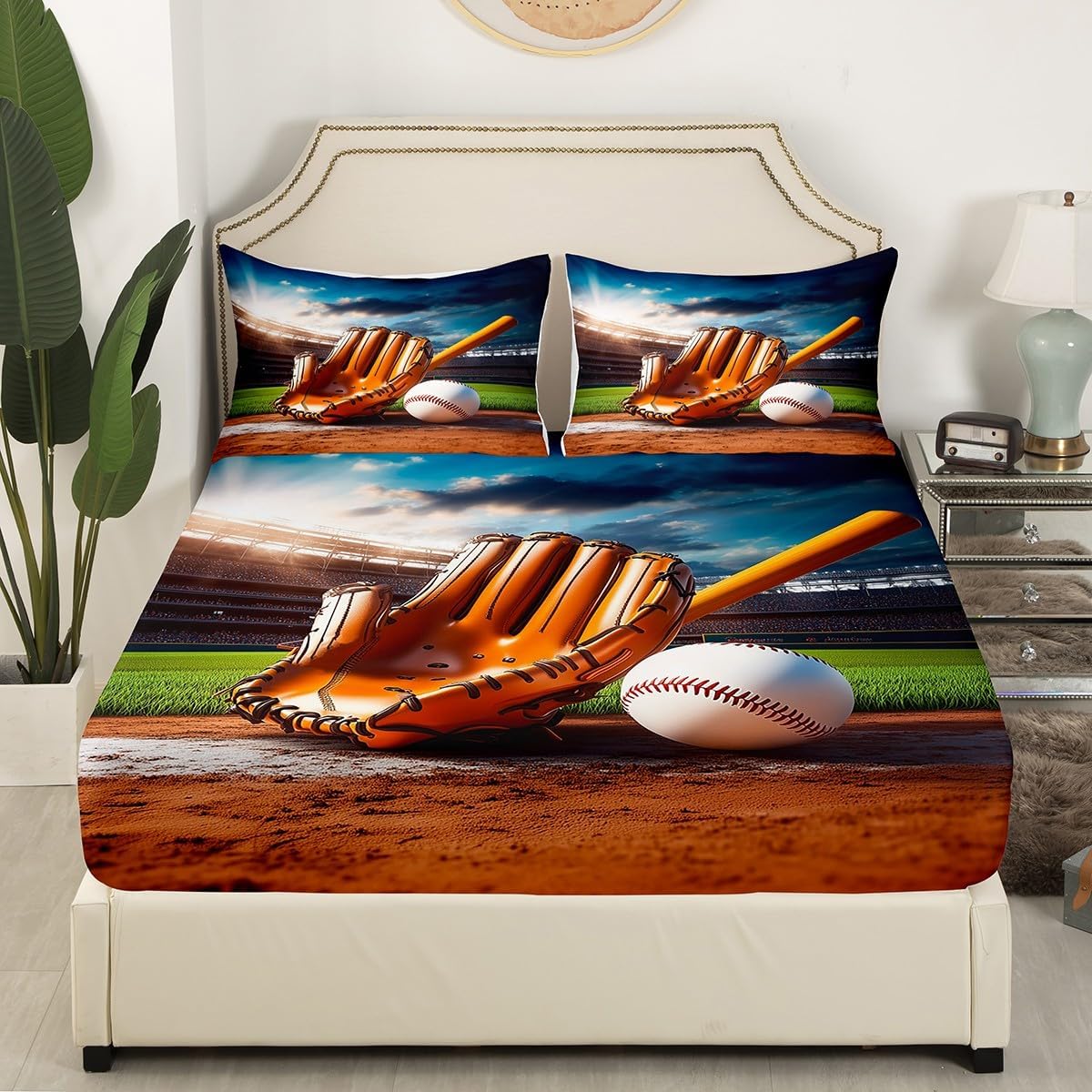 Manfei Baseball Bed Sheet Set Twin Size Baseball Bat and Gloves Decor Sheet Set 3pcs with Deep Pocket Fitted Sheet + Flat Sheet + 1 Pillowcase Sports Theme Bedding Set