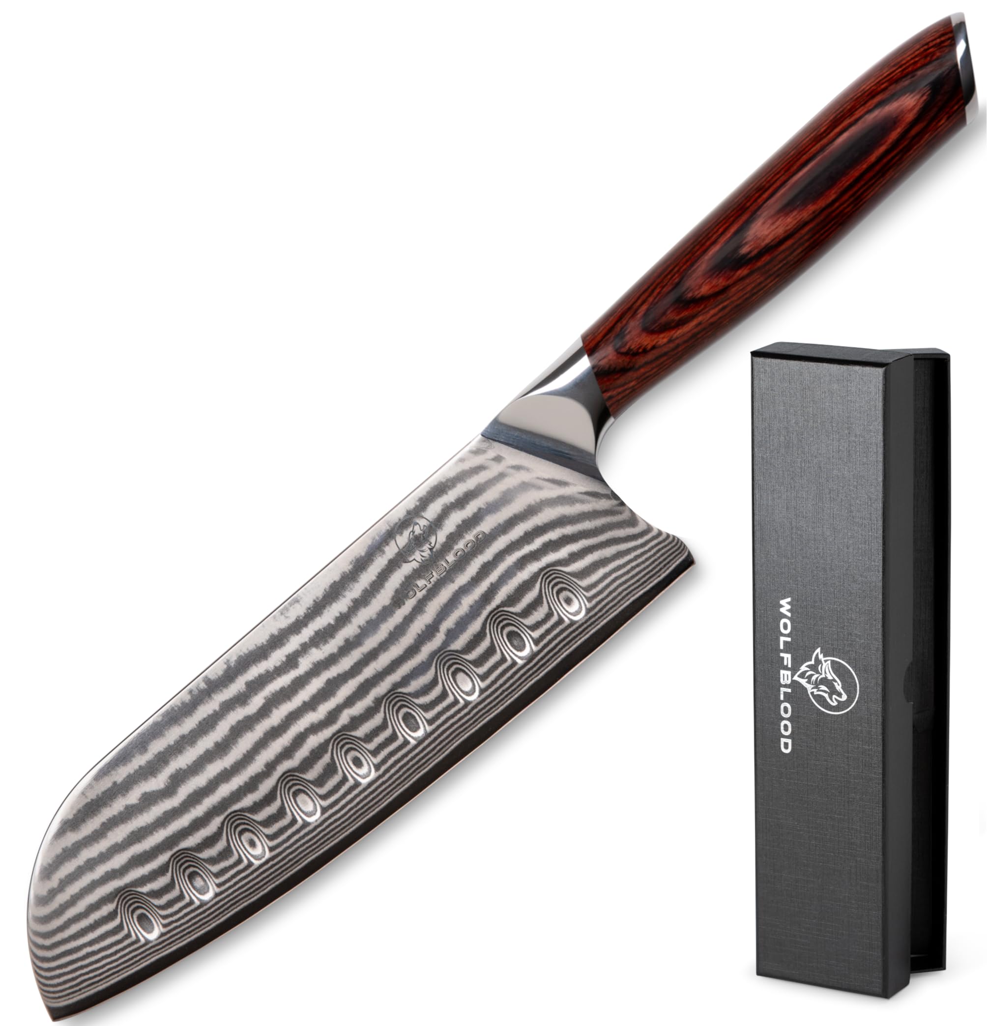 Wolfblood Damastmesser Santoku Messer XL (30cm) TÜV geprüfter 62 HRC Damaststahl aus 67 Lagen I Damast-Küchenmesser Santokumesser mit Kirschholzgriff Geschenkbox und Klingenschutz