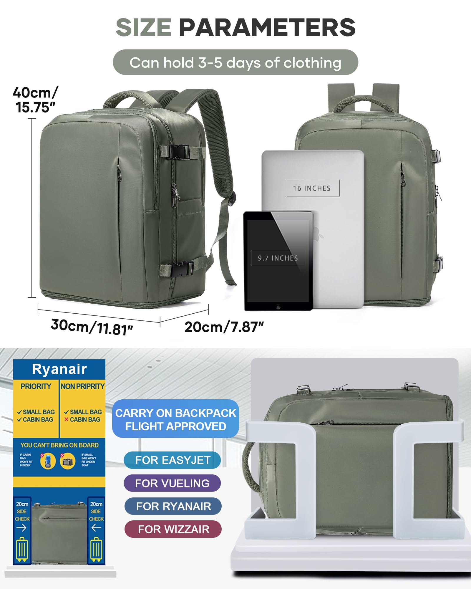 BJLFS Borse da Cabina per Ryanair 40x30x20 Bagaglio a mano Sottovuoto 40x20x25 Zaino da Viaggio con Sottovuoto impermeabile Donna Zaino Easyjet 45x36x20 Zaini Wizzair con porta scarpe