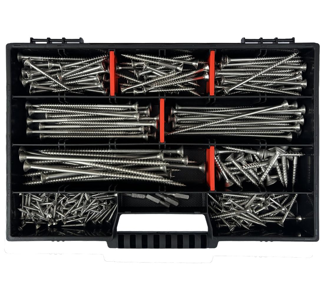 FRACKMANN Juego de tornillos de 295 piezas, acero inoxidable V2A, tornillos para madera y aglomerado, 3 x 25 hasta 6 x 140 cm, incluye 4 puntas TX y maletín surtido, calidad profesional fabricado en