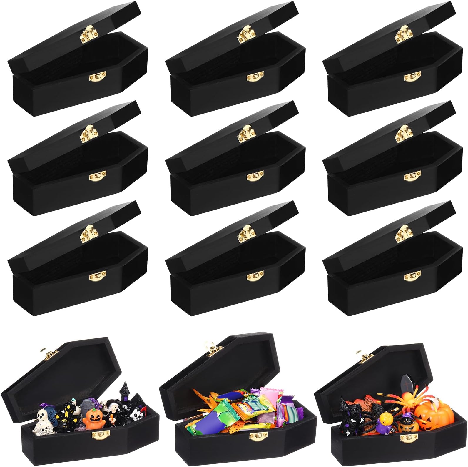 Thyle Mini Halloween Wood Coffin Box Bulk 6 Inch Small Wooden Coffins Unfinished Funeral Box for Candy Treat Goth Jewelry Gift Party Favors Decorations(Black,9 Pcs)