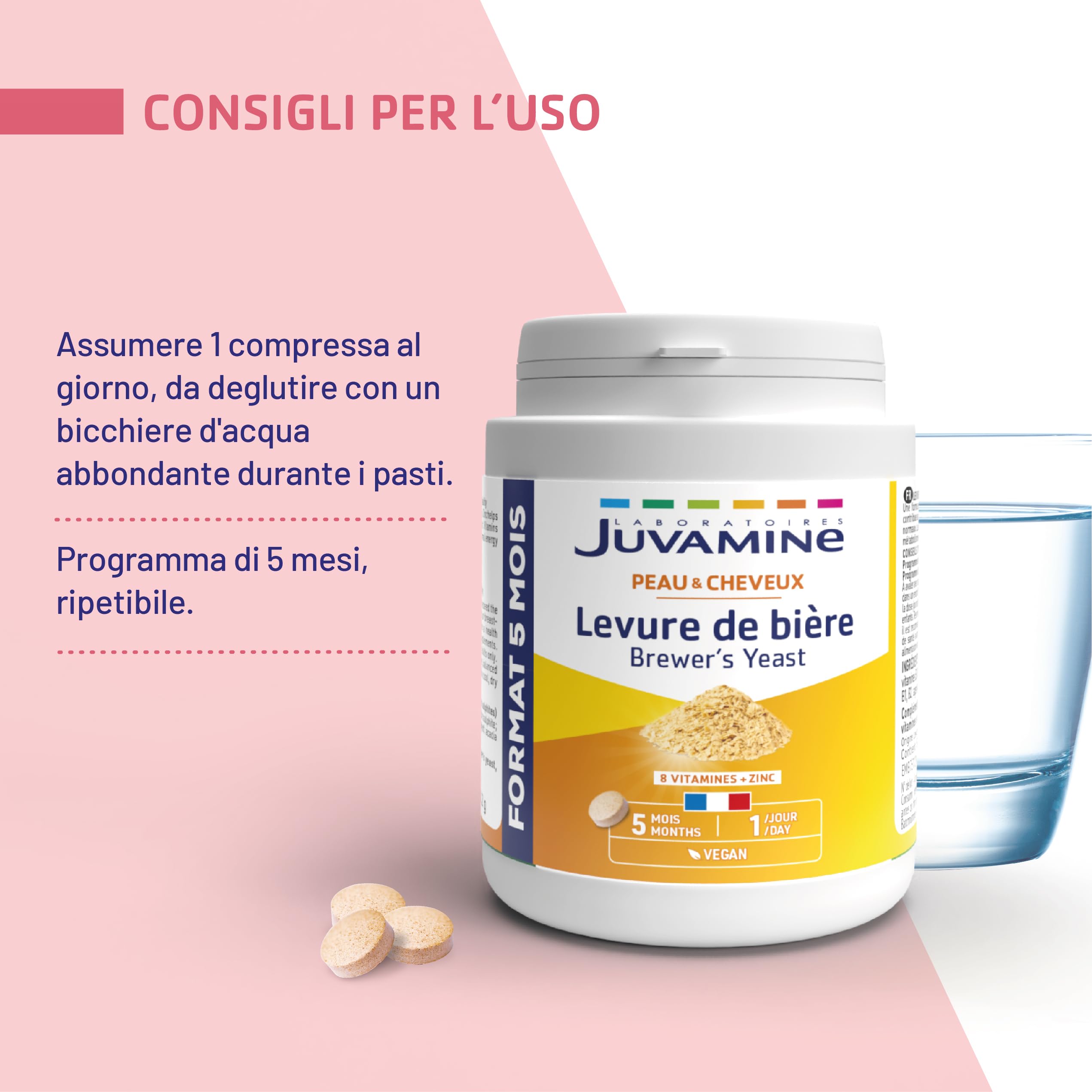 JUVAMINE Lievito di birra, bellezza della pelle, dei capelli e delle unghie, vitalità, vitamine B1, B2, B3, B5, B6, B8, B9 e B12 + zinco, programma di 5 mesi, prodotto in Francia