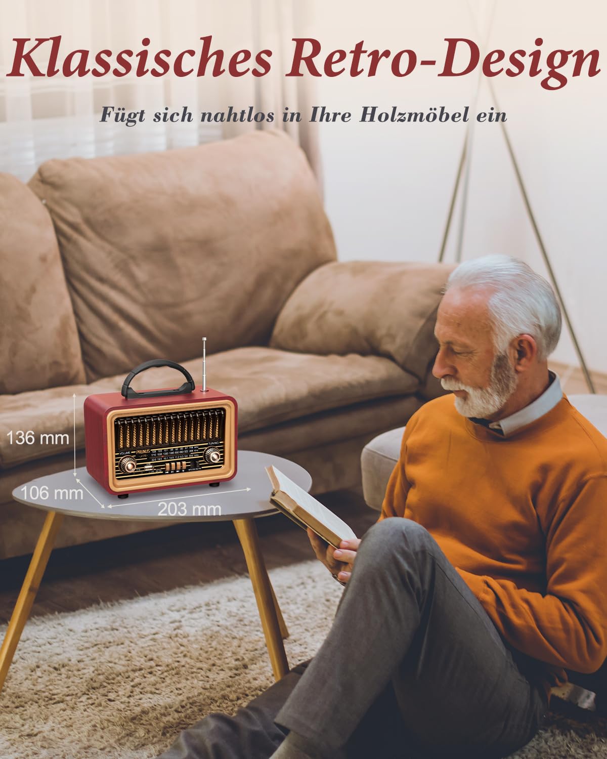 PRUNUS J-170 Bluetooth Radio Retro AM/FM/SW, Nostalgie Radio Klein mit 1800mAh Akku, Kofferradio Küchenradio mit lauter Sound, Unterstützt USB/TF/TWS Pairing, Einfaches Radios für Senioren.