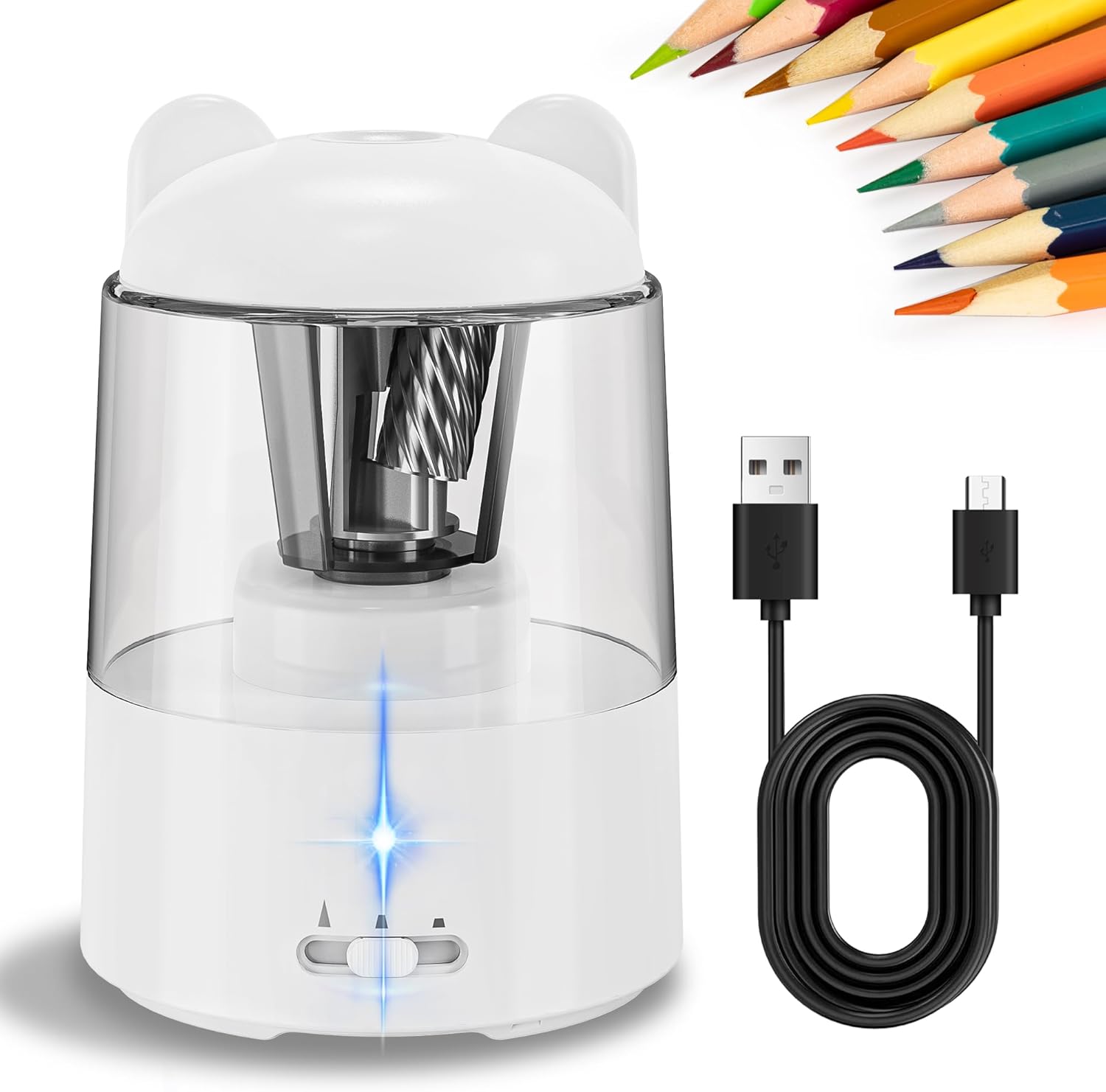 ZMOL Colored Pencil Sharpener, Rechargeable Electric Pencil Sharpener, Auto Stop, Pencil Sharpeners for Battery Powered Cute for Kids Gift No.2/Colored Pencils (6-8mm), Classroom/Office/Home White