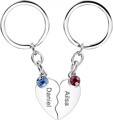 MeMeDIY Personalized Couple Keychain Set for Women Men Boyfriend Girlfriend Custom Birthstone Engraving Name/Date Stainless Steel Matching Heart Puzzle Charm Keyring Lover Relationship Gift (Silver)