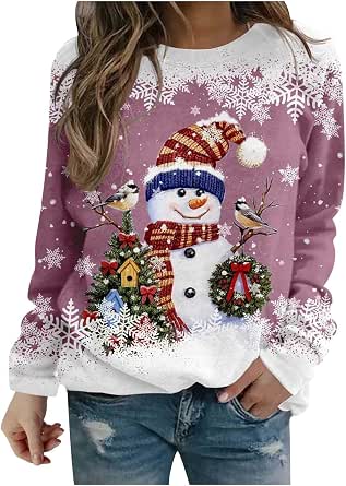 Pull De Noël Femme Élégant Et Confortable – Sweat Oversize à Manches Longues Avec Imprimé Festif Flocons De Neige Et Rennes, Idéal Pour Les Fêtes D'Hiver
