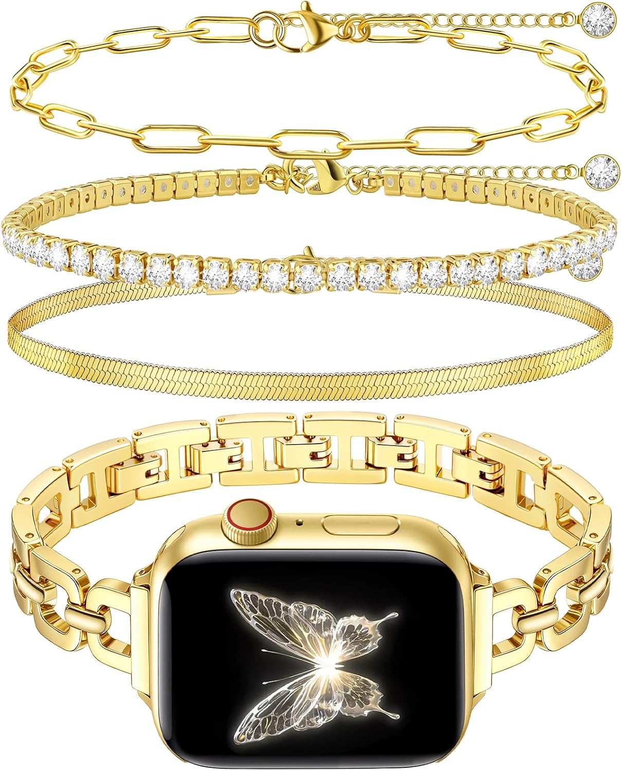 Newlibery Gold Slim Metal Band Women Compatible with Apple Watch 42mm(S3/2/1) 44/45/46mm(S12/11/10) 49mm(Ultra4/3/2/1) Paperclip Link Chain Bracelet Adjustable Dressy Fancy Strap