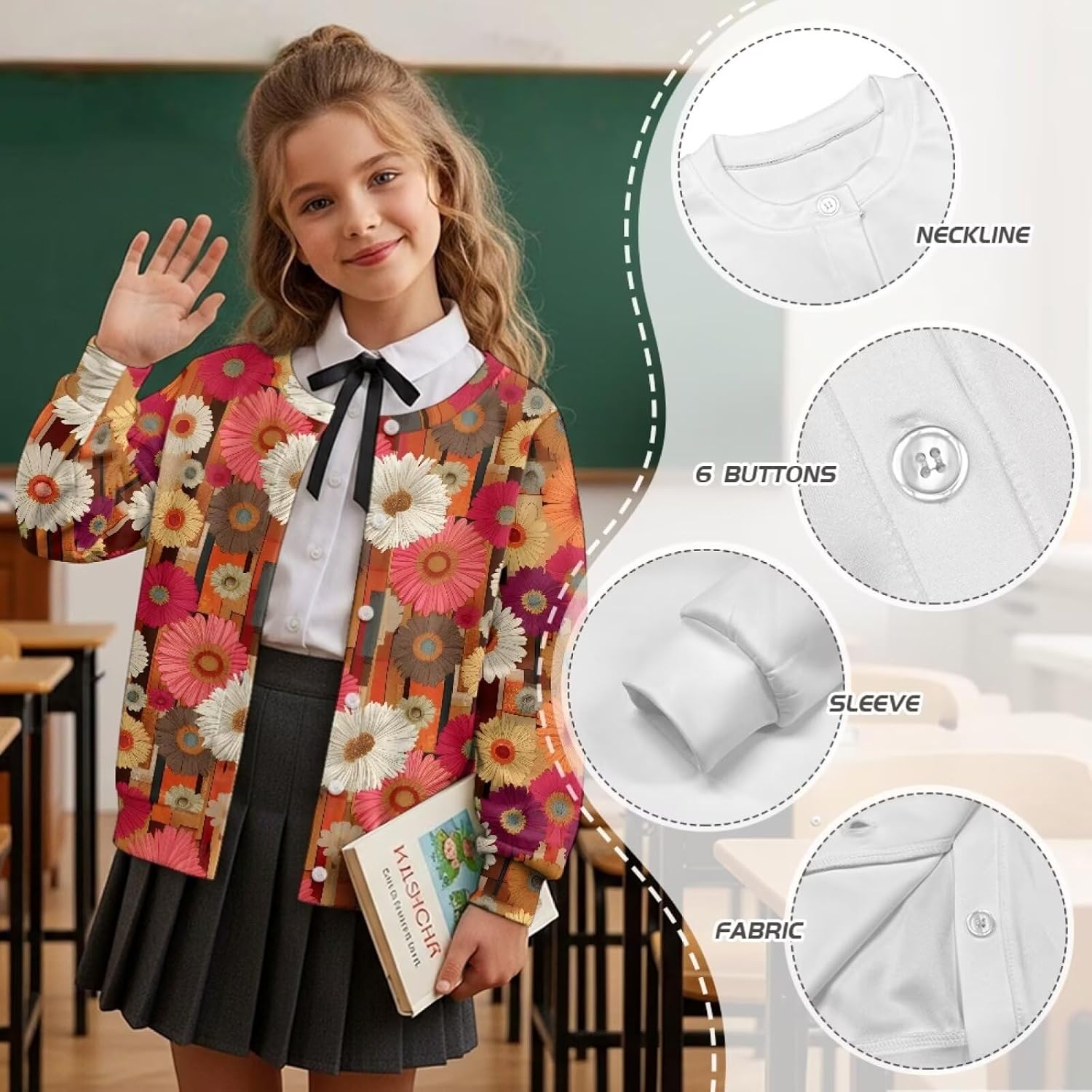 Girl's Crewneck Cardigan Sweatshirt Long Sleeve Kids Button Up Cardigans for School 4-16Years
